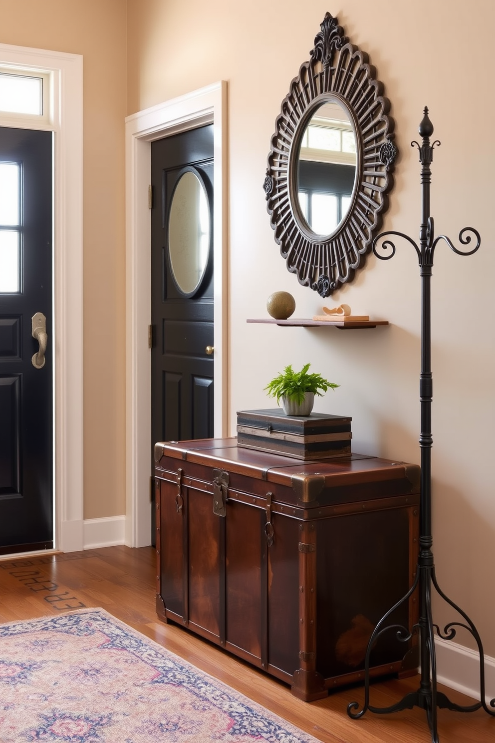 A vintage trunk serves as a stylish storage option in the foyer, adding character and charm to the space. The trunk is positioned against a wall, complemented by a decorative mirror above it and a small potted plant on top for a touch of greenery. The entryway features a warm color palette with soft lighting that creates an inviting atmosphere. A vintage coat rack stands nearby, providing functionality while enhancing the overall aesthetic of the design.