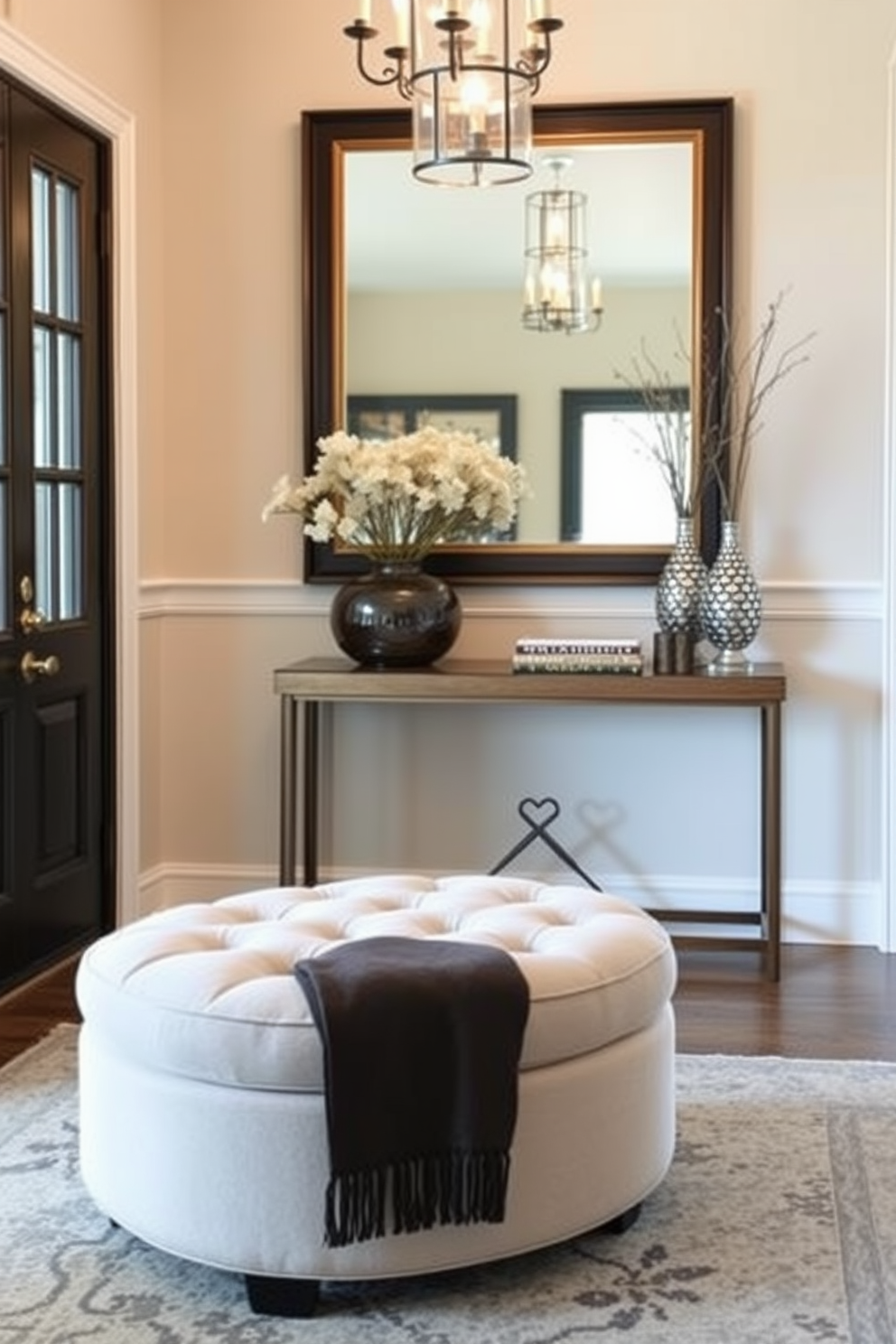 A stylish foyer entryway features a cushioned ottoman that invites comfort and elegance. The ottoman is upholstered in a soft fabric, complemented by a chic console table adorned with decorative accents.