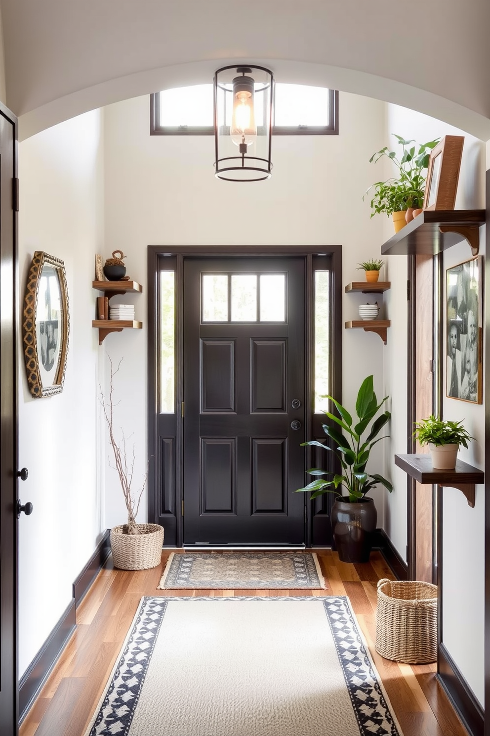 A welcoming foyer featuring creative use of space with corner shelves. The shelves are adorned with decorative items and plants, enhancing the inviting atmosphere of the entryway.