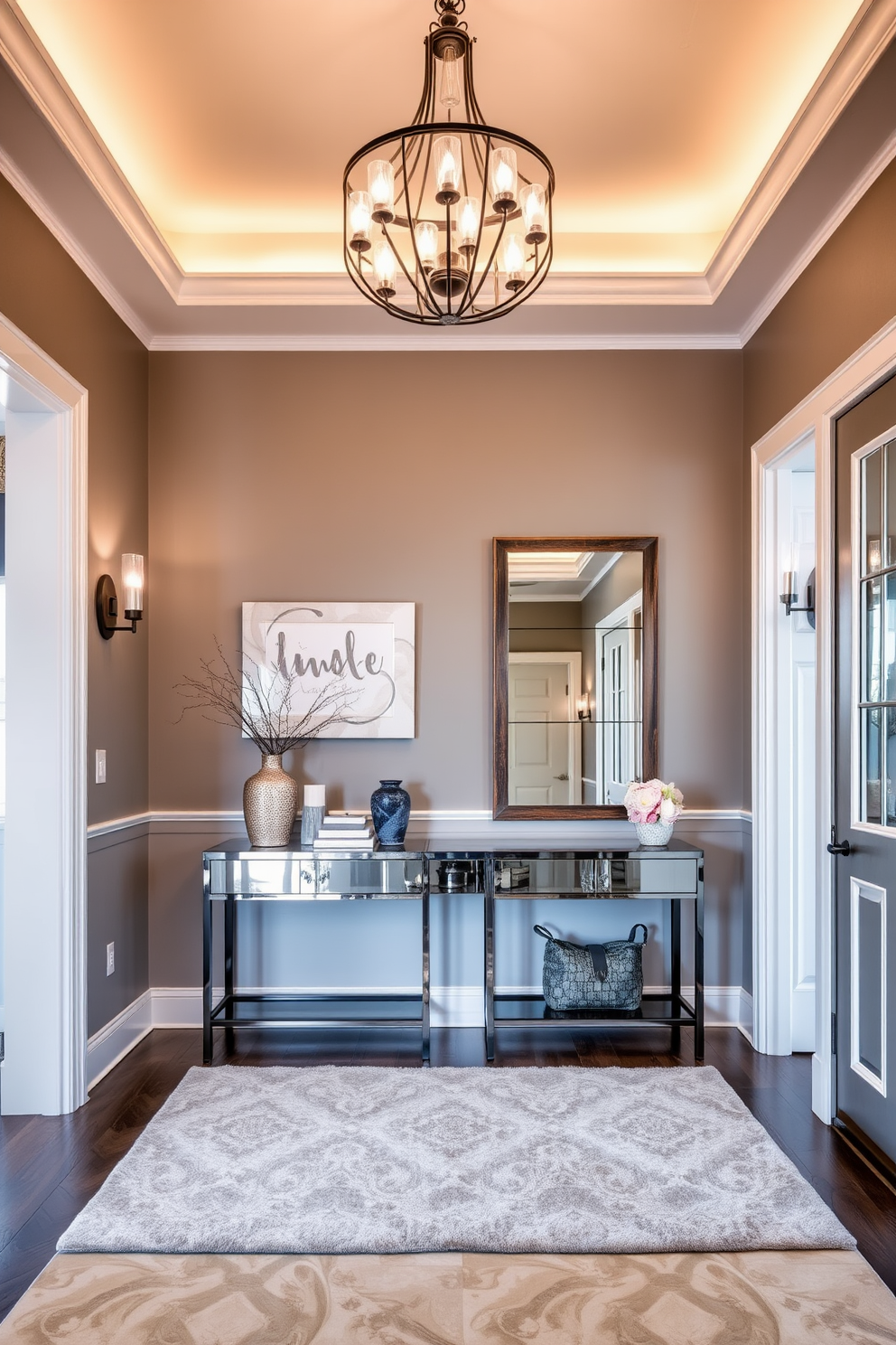 A whimsical foyer entryway filled with playful decor elements. The walls are painted in a soft pastel hue, adorned with quirky artwork and colorful wall hangings. A round, oversized mirror with a fun frame reflects the light from a unique pendant light fixture above. A vibrant area rug lies underfoot, and a collection of eclectic accessories adds charm to the space.