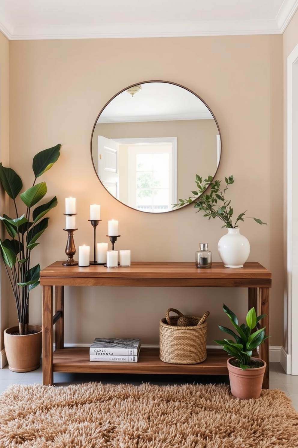 A warm and inviting foyer featuring a console table made of reclaimed wood. On the table, a collection of scented candles and a stylish diffuser create a welcoming atmosphere. The walls are painted in a soft beige, complemented by a large round mirror that reflects natural light. A plush area rug in earthy tones adds texture, while potted greenery enhances the entryway's charm.