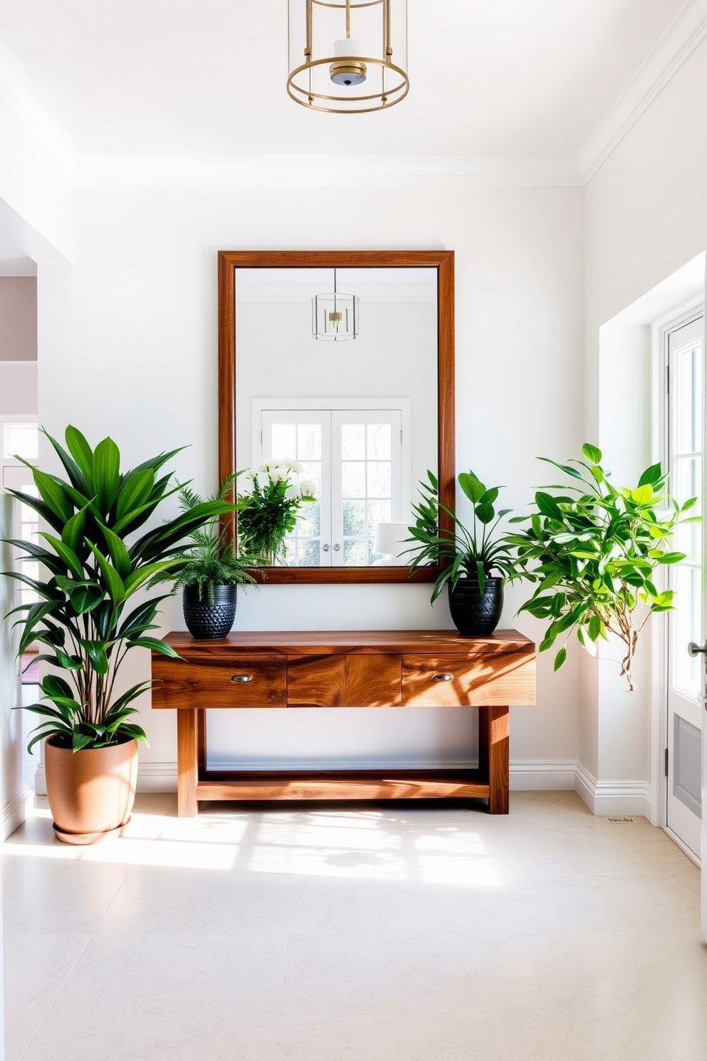 A bright and airy foyer features a large entryway with a stunning console table made of reclaimed wood. Flanking the table are lush potted plants that bring a fresh and inviting atmosphere to the space. The walls are painted in a soft white hue, enhancing the natural light that floods in through a nearby window. An oversized mirror above the console reflects the greenery, creating a seamless connection between the indoors and the outdoors.