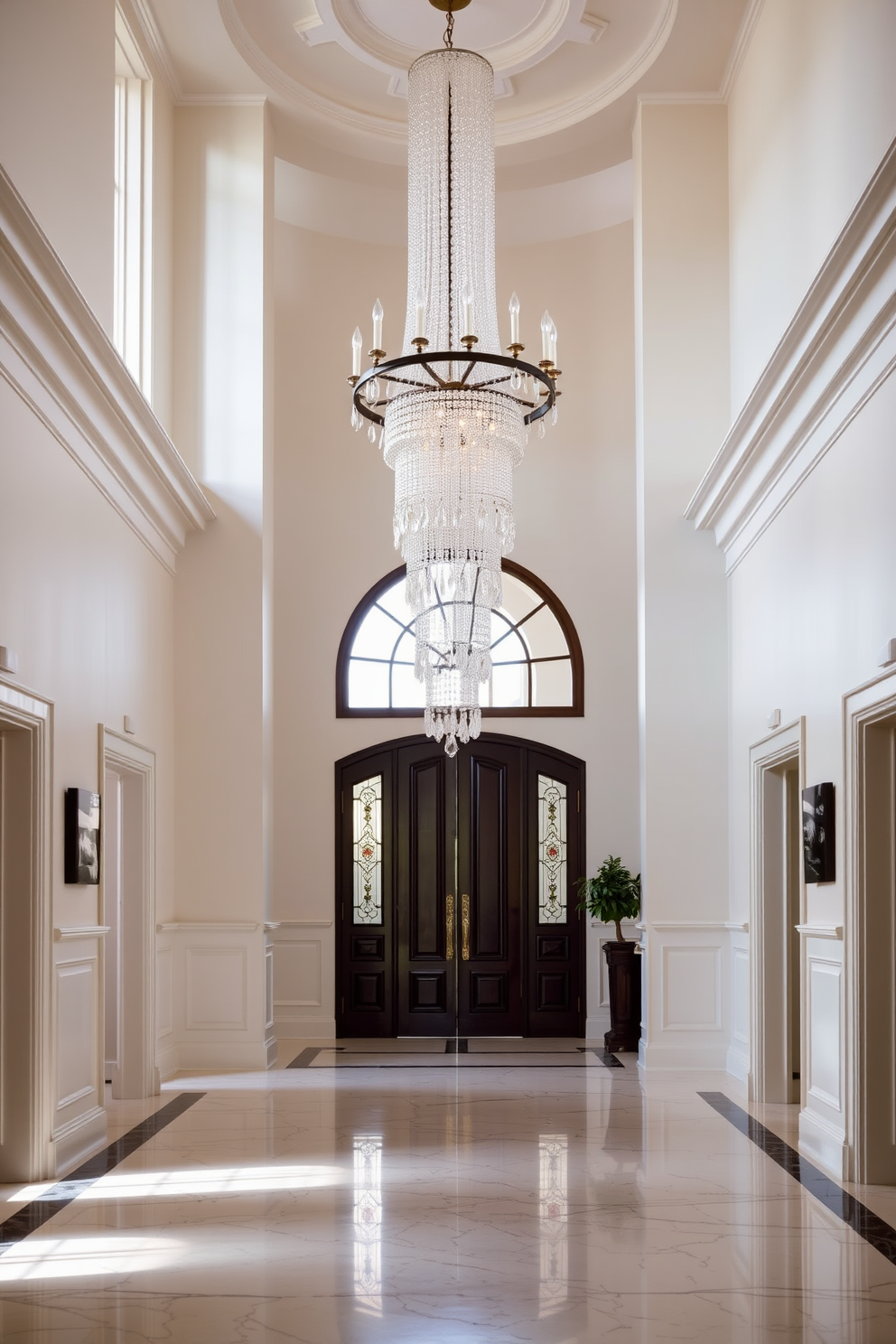 An elegant foyer entryway features a stunning chandelier that serves as the focal point of the space. The walls are adorned with soft, neutral tones, while a console table with decorative accents welcomes guests as they enter.