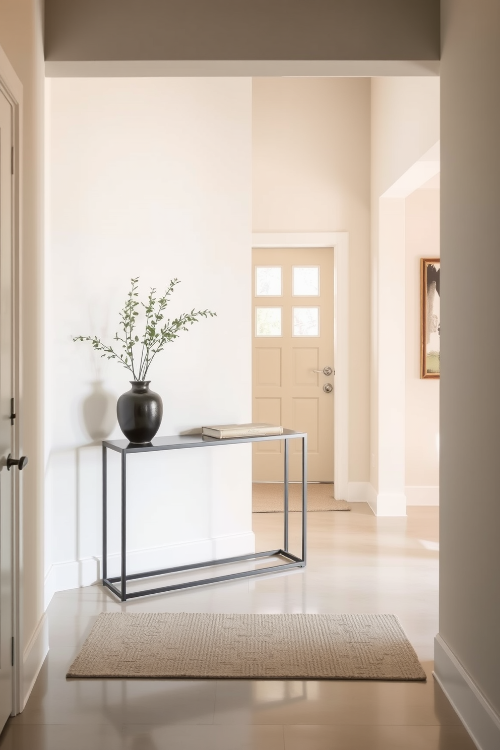 A serene foyer entryway featuring a neutral color palette to create a calming ambiance. The space includes a sleek console table against the wall adorned with a simple vase of greenery and a soft area rug underfoot.