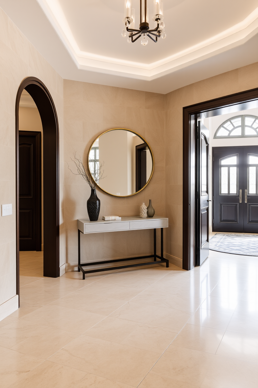 A stunning foyer showcases neutral beige tiles that create a timeless and elegant atmosphere. The entrance is adorned with a stylish console table and a large round mirror that reflects natural light.