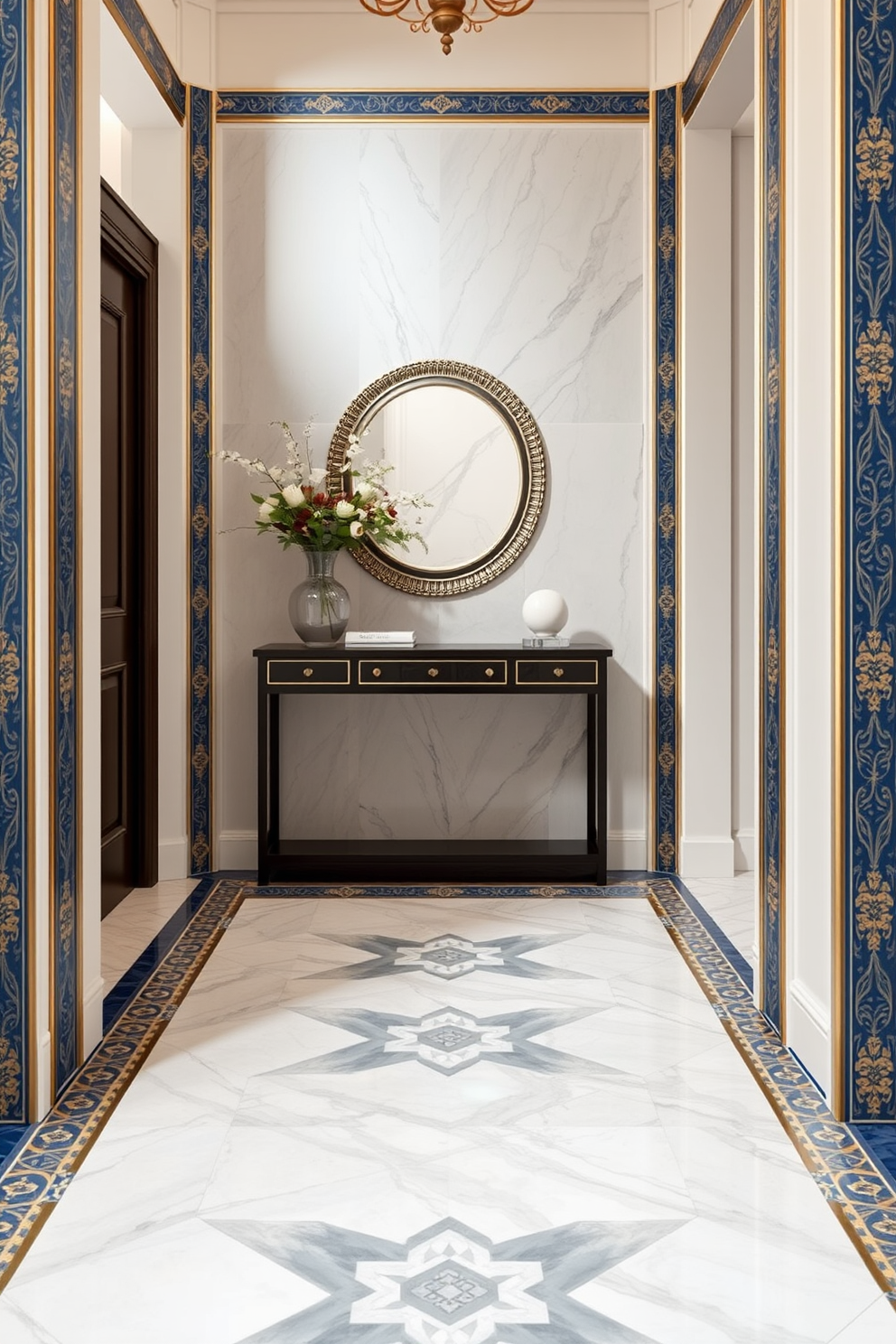 A stunning foyer featuring hexagonal tiles that create a captivating geometric pattern on the floor. The walls are adorned with elegant wainscoting painted in a soft cream color, enhancing the overall sophistication of the space. A stylish console table made of reclaimed wood sits against one wall, topped with a decorative mirror and a few carefully chosen accessories. A vibrant area rug in complementary colors adds warmth and texture, inviting guests into this beautifully designed entryway.