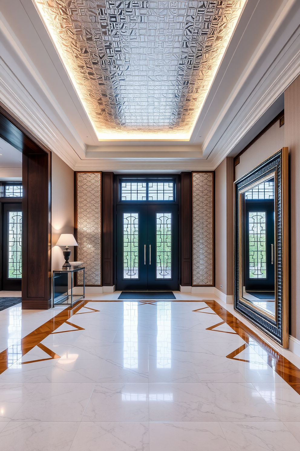 A grand foyer with a high ceiling featuring metallic accent tiles that shimmer in the light. The floor is adorned with a geometric pattern of large format tiles in a mix of white and gold, creating an inviting entrance. A sleek console table sits against the wall, topped with a stylish lamp and a decorative bowl. To the side, a large mirror with a metallic frame reflects the beauty of the space, enhancing the luxurious feel.