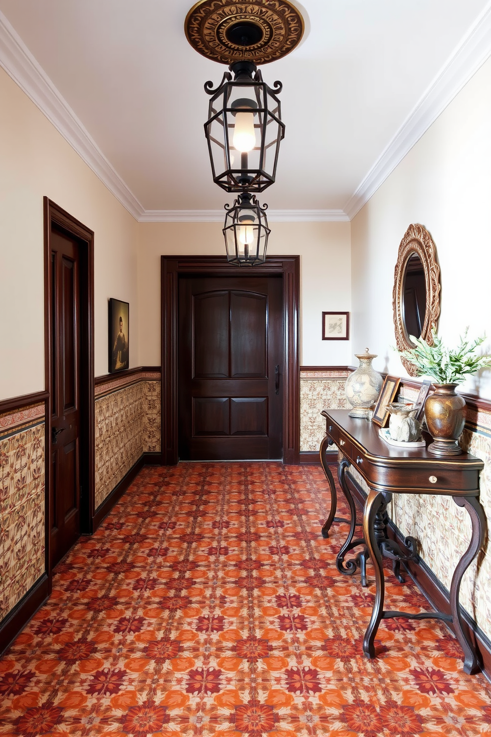 A charming foyer with vintage patterned tiles that evoke a sense of nostalgia. The intricate designs in warm colors create a welcoming atmosphere, drawing guests into the home. Elegant lighting fixtures hang from the ceiling, illuminating the space with a soft glow. A stylish console table adorned with decorative items sits against one wall, adding character to the entryway.