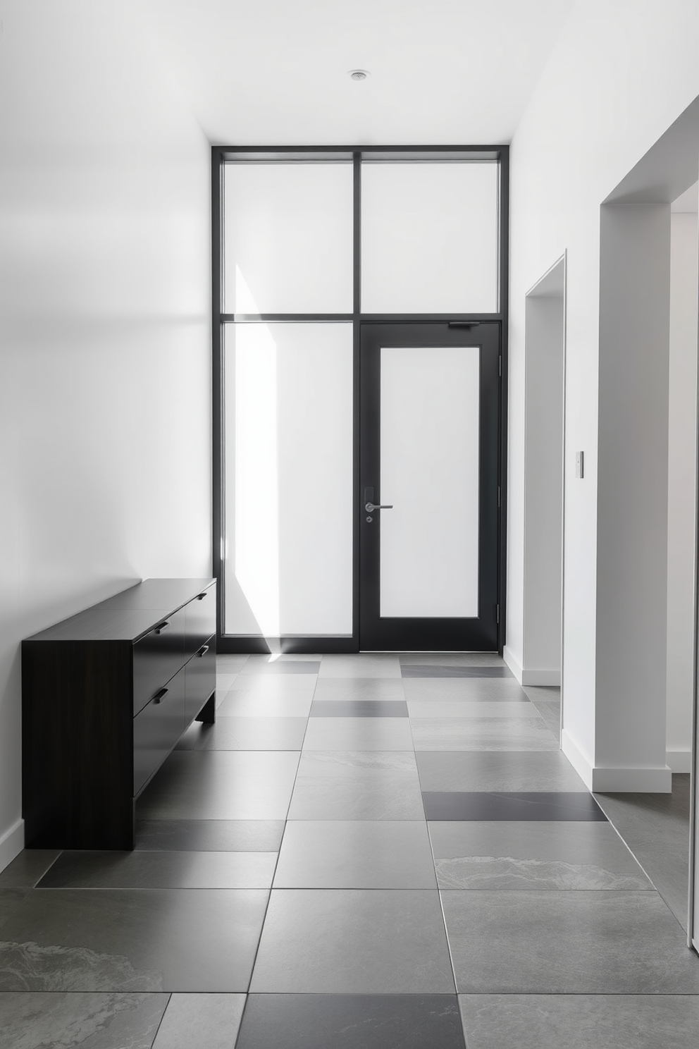 A foyer featuring matte finish tiles in soft neutral tones creates an understated elegance. The tiles are arranged in a geometric pattern, complemented by a sleek console table adorned with a minimalist vase.