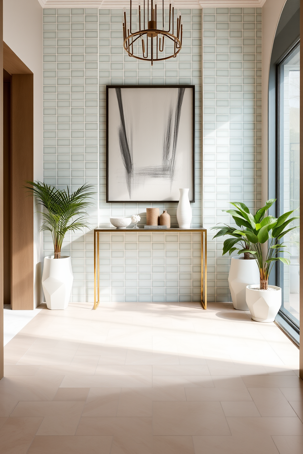 A grand foyer featuring large marble tiles that exude luxury and class. The entrance is adorned with a stunning chandelier that reflects light beautifully off the polished surfaces. The walls are painted in a soft cream hue, complementing the elegance of the marble. A stylish console table sits against one wall, decorated with a tasteful arrangement of fresh flowers and a decorative mirror above it.