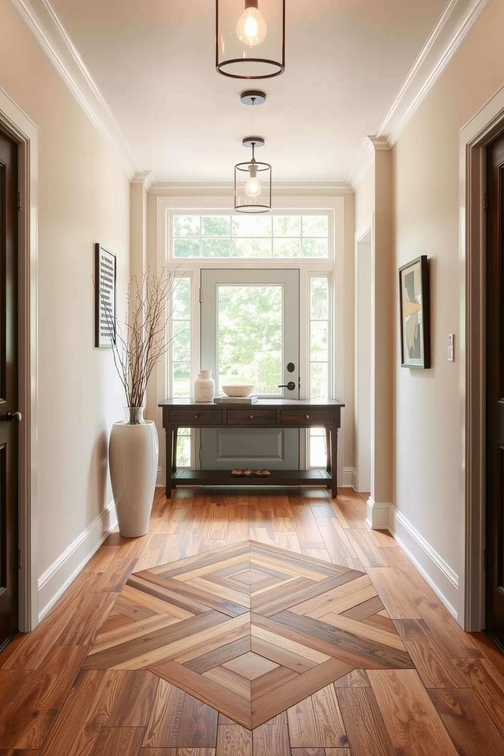 A welcoming foyer features reclaimed wood tiles that add warmth and character to the space. The natural textures of the tiles create an inviting atmosphere, complemented by soft lighting and minimalist decor. Incorporate a geometric pattern using the reclaimed wood tiles to create visual interest. This design choice enhances the foyer's aesthetic while emphasizing the eco-friendly aspect of the materials.