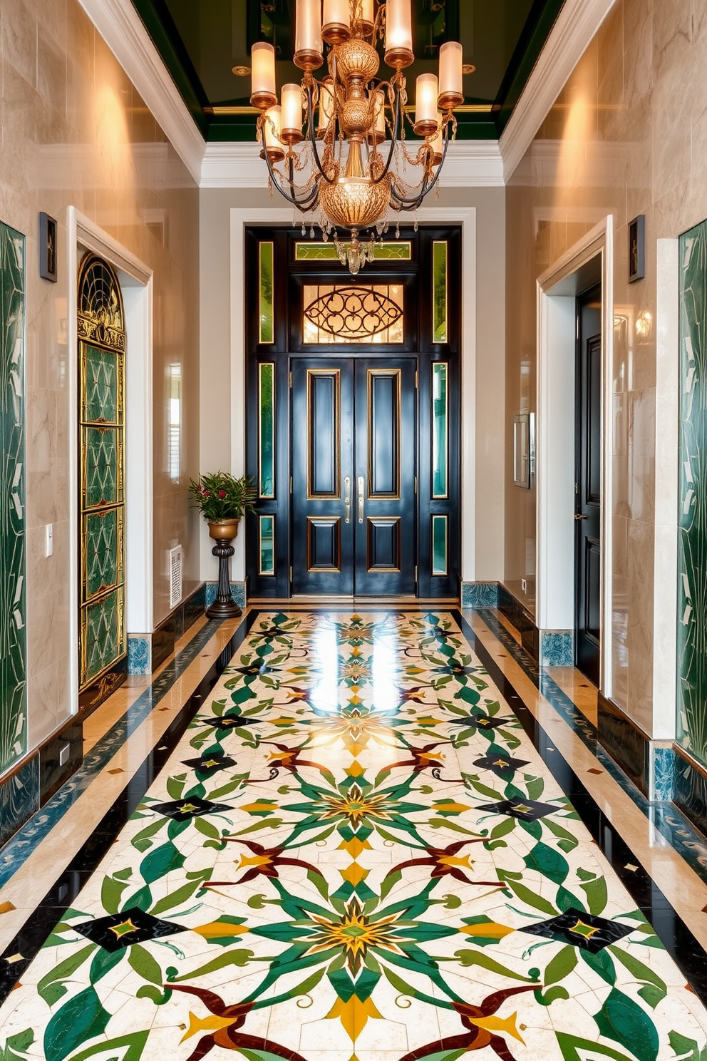 Art deco inspired tiles create a stunning focal point in the foyer, showcasing intricate geometric patterns and bold colors. The polished finish of the tiles reflects light beautifully, enhancing the vintage glamour of the space. Incorporating rich hues such as deep emerald green and gold accents, the tile design exudes elegance and sophistication. A statement chandelier above complements the tiles, adding to the overall luxurious ambiance of the foyer.