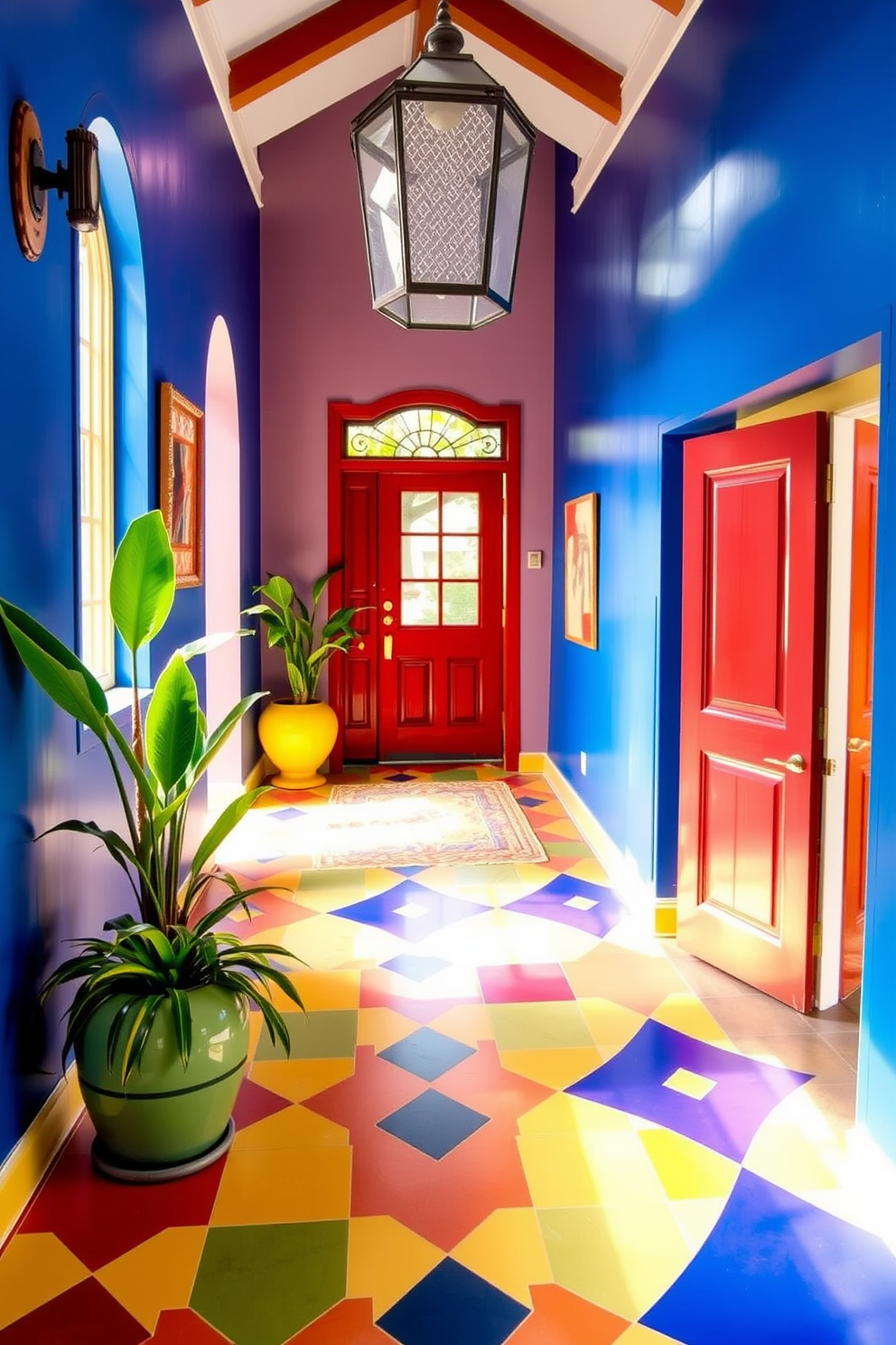 Brightly colored tiles create a cheerful and inviting atmosphere in the entryway. The foyer features a vibrant mix of geometric patterns and hues that set a positive tone for the home.