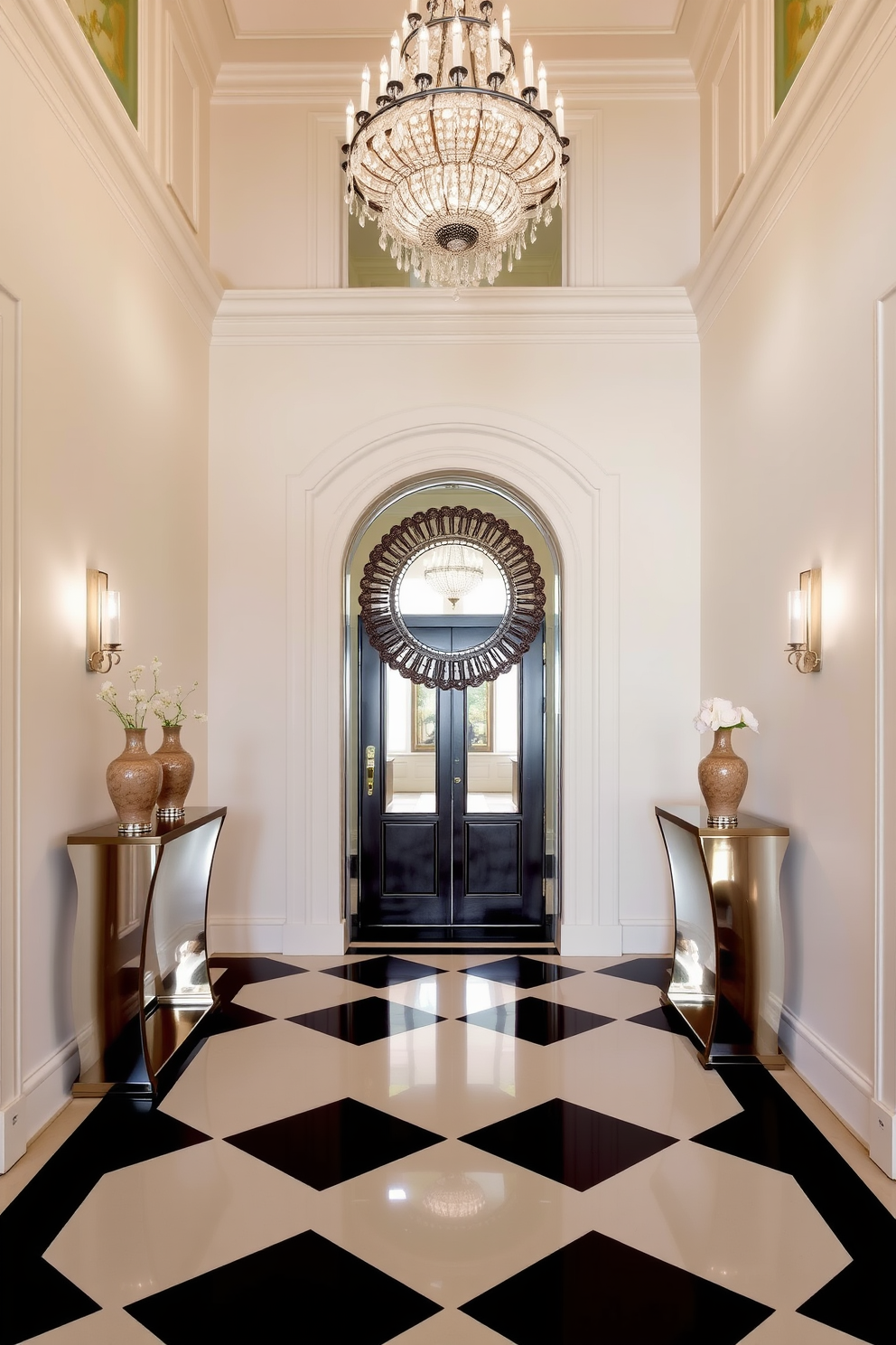 A classic foyer featuring a black and white checkerboard tile floor that creates a striking visual impact. The walls are painted in a crisp white hue, adorned with elegant moldings that add a touch of sophistication. A stylish console table with a sleek black finish sits against one wall, topped with a decorative mirror and a vase of fresh flowers. Soft lighting from a modern chandelier illuminates the space, enhancing the timeless charm of the design.