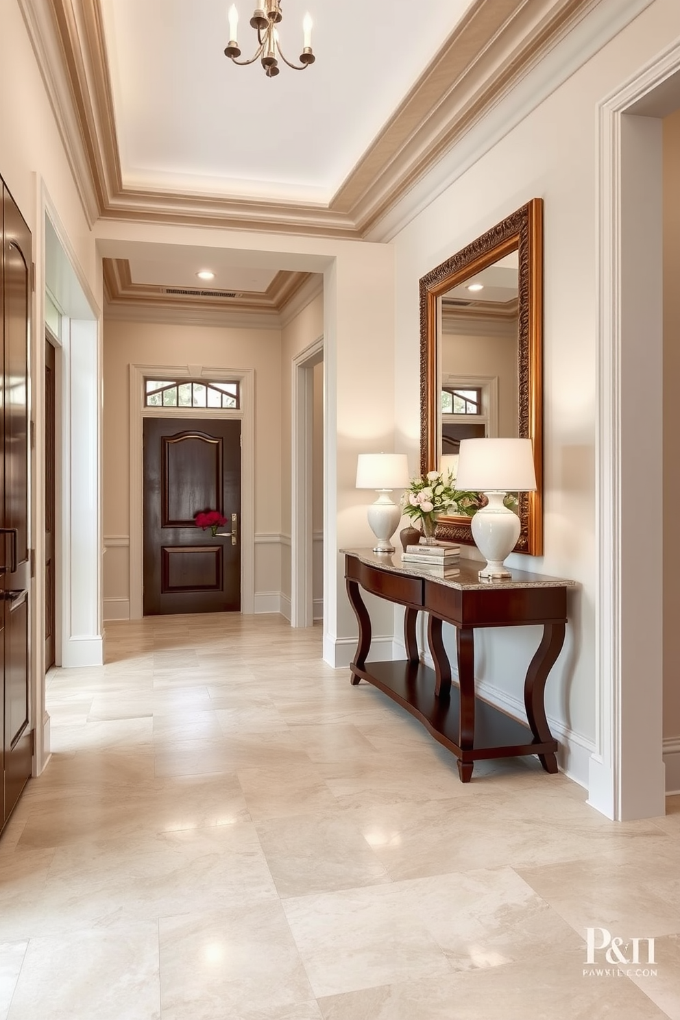 A stunning foyer features stone look tiles that exude classic sophistication. The tiles are arranged in a herringbone pattern, complemented by elegant wood accents and soft lighting to create a welcoming ambiance. The walls are adorned with neutral tones, enhancing the timeless appeal of the space. A statement console table sits against the wall, adorned with tasteful decor and a large mirror that reflects the beauty of the foyer.