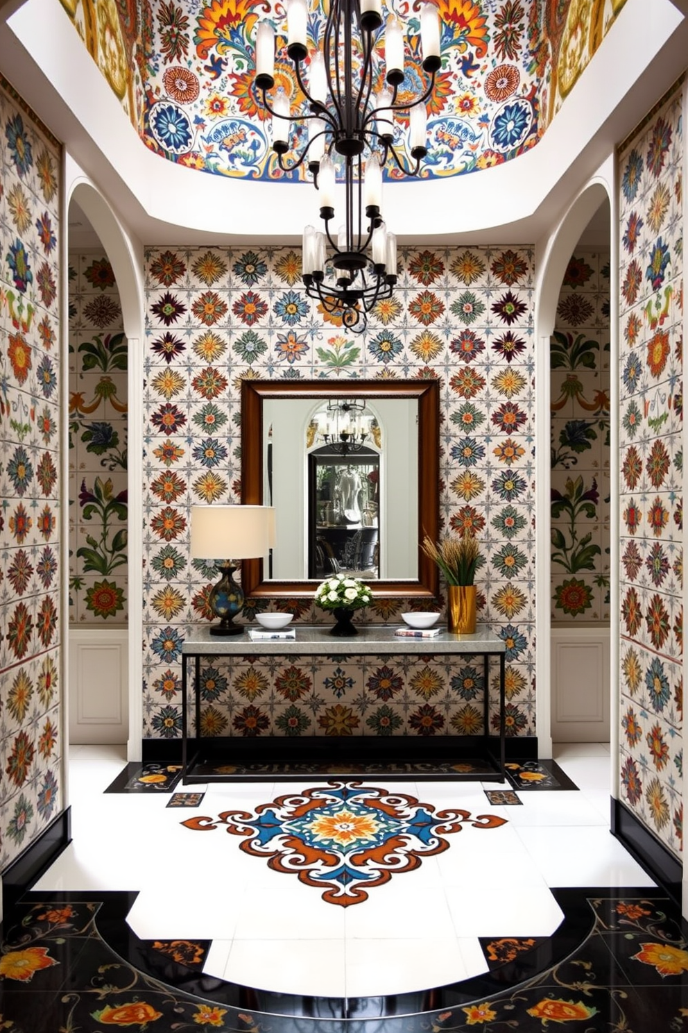 A stunning foyer featuring hand-painted tiles that showcase intricate designs and vibrant colors. The tiles create a unique artistic statement that welcomes guests with warmth and creativity. The foyer is illuminated by a modern chandelier that complements the tile work. A stylish console table rests against the wall, adorned with decorative accents and a large mirror above it.