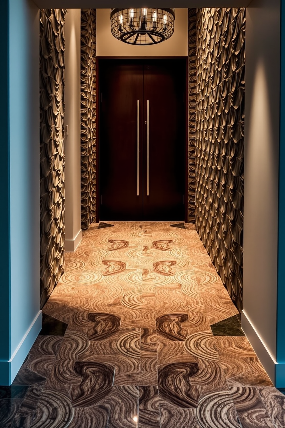 A calming entryway features soft pastel hues on the walls that evoke tranquility. The floor is adorned with intricate tile patterns that harmonize with the serene color palette. The foyer is illuminated by natural light streaming through a large window. A stylish console table sits against the wall, adorned with decorative elements that enhance the peaceful atmosphere.