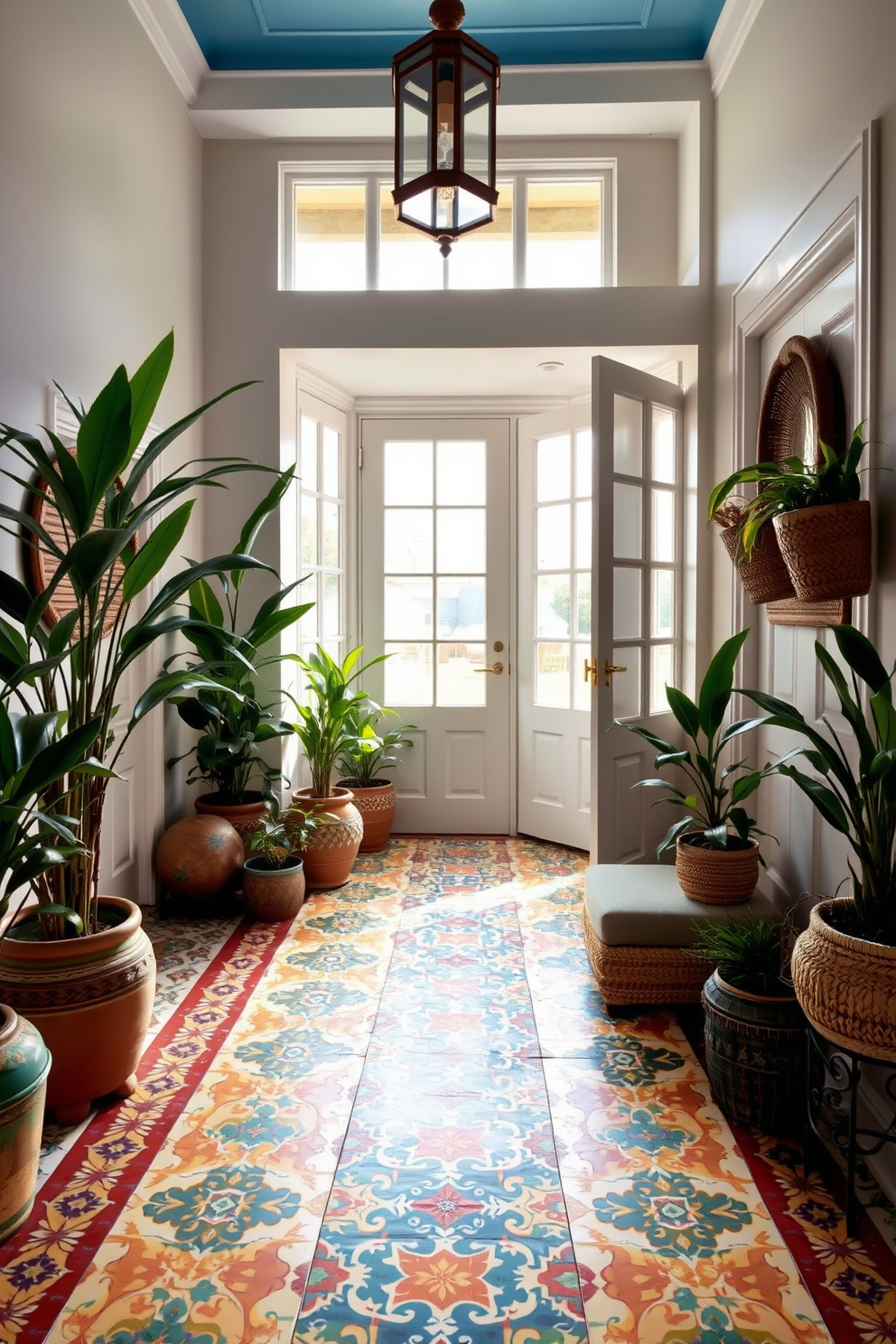 A vibrant foyer featuring intricate cement tiles in a bohemian style. The tiles showcase a mix of bold colors and geometric patterns that create a lively and welcoming atmosphere. Surrounding the foyer, there are potted plants and woven baskets that enhance the bohemian aesthetic. Natural light filters in through large windows, illuminating the unique tile design and creating a warm ambiance.