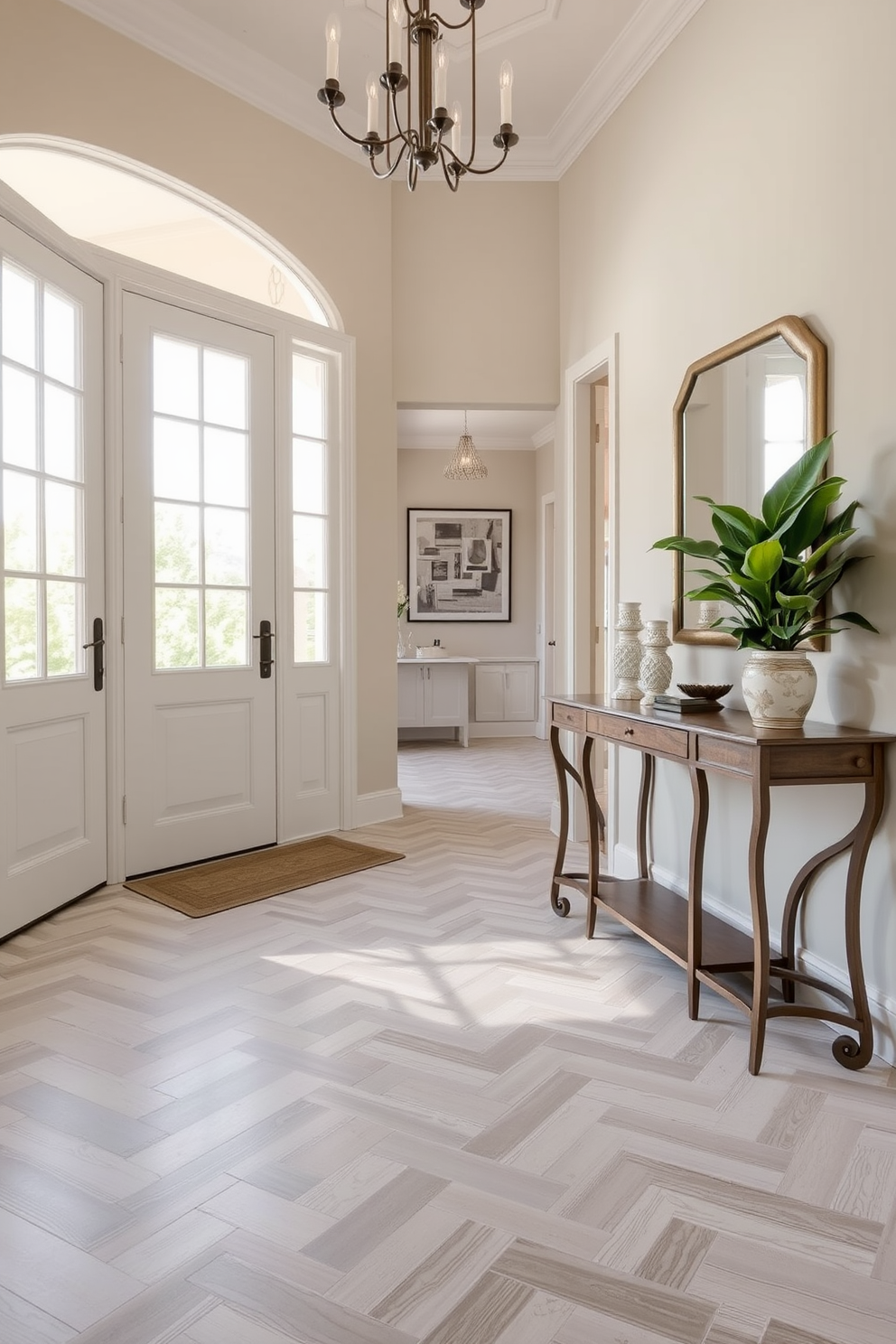 A stylish foyer featuring transitional tiles that create a seamless flow into the adjoining spaces. The tiles are a mix of light gray and white, arranged in a herringbone pattern that adds visual interest to the entryway. Natural light floods the area through a large window, highlighting the elegant design. A statement console table sits against the wall, adorned with decorative items and a vibrant plant for a welcoming touch.