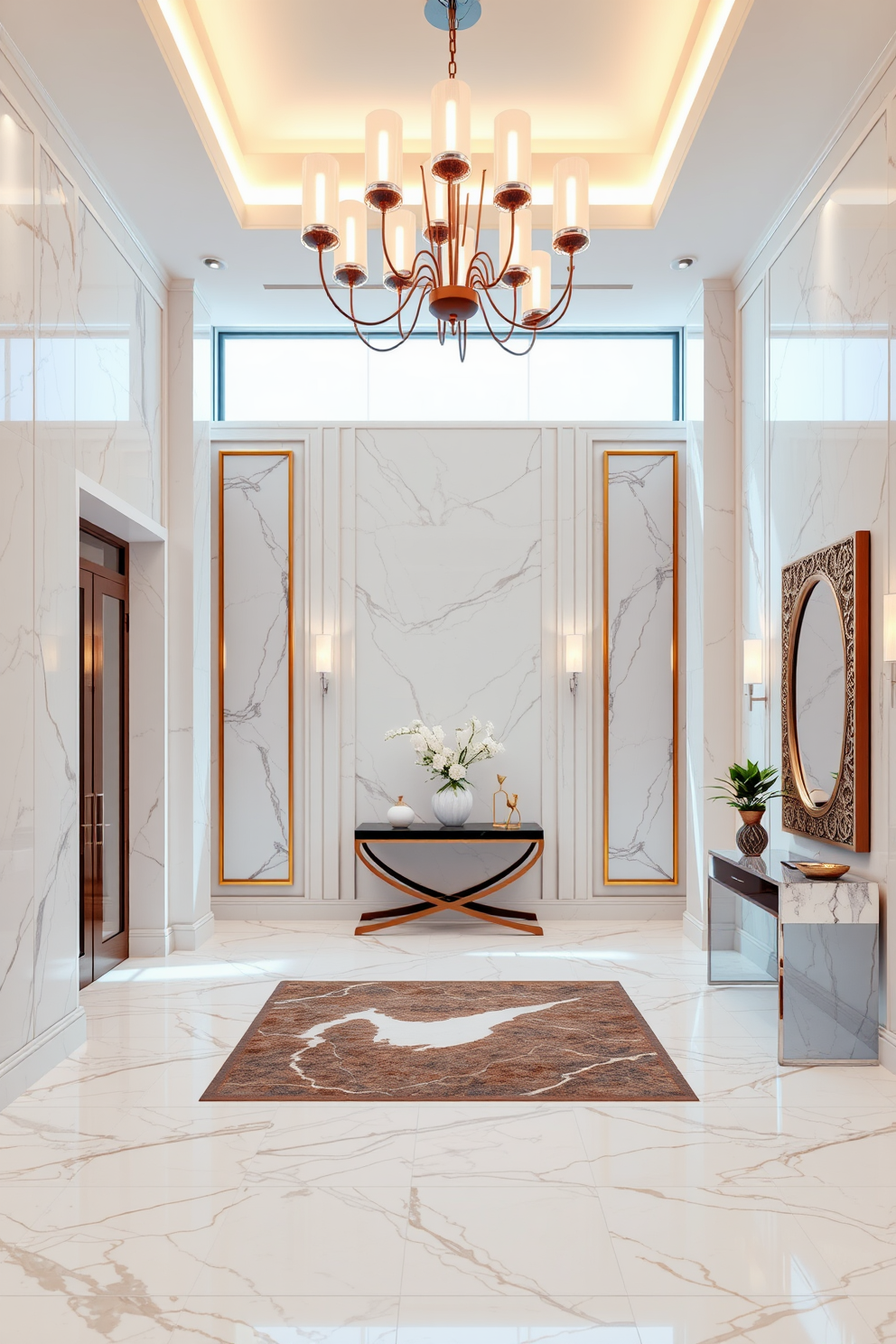 A stunning foyer features marble effect tiles that create a luxurious and inviting atmosphere. The entrance is adorned with elegant lighting fixtures that enhance the rich textures of the tiles. The color palette is a harmonious blend of soft whites and grays, providing a sophisticated backdrop for the space. Decorative elements such as a stylish console table and a statement mirror complete the high-end design.