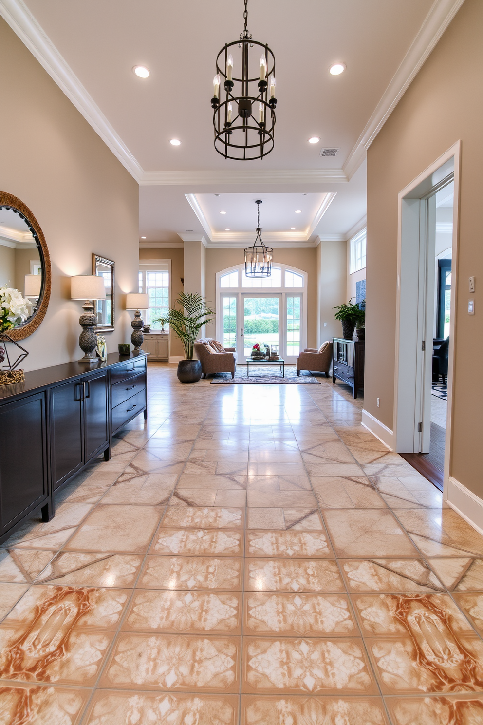 A contemporary foyer features sleek porcelain tiles that create a seamless and polished look. The tiles are arranged in a geometric pattern, enhancing the modern aesthetic of the space. Natural light floods in through large windows, illuminating the foyer and highlighting the glossy finish of the tiles. A minimalist console table sits against one wall, adorned with a simple vase and a statement mirror above it.