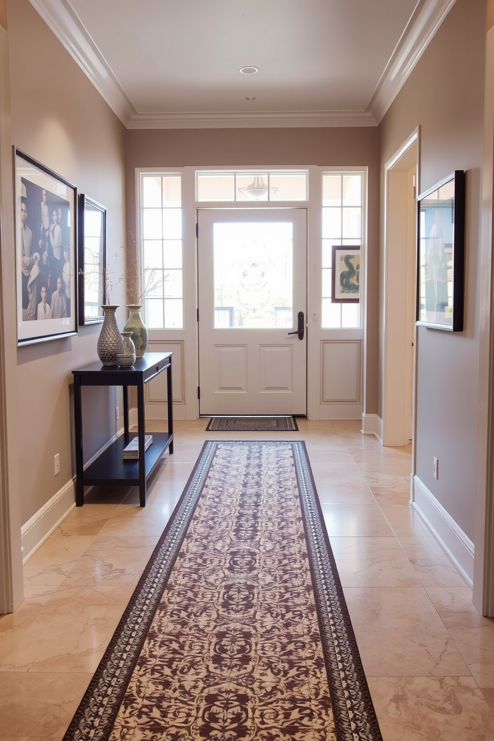 A stylish foyer features patterned runner tiles that create defined pathways, guiding guests through the entrance. The tiles are arranged in a geometric design, complementing the surrounding decor and enhancing the overall aesthetic of the space. The walls of the foyer are adorned with elegant artwork, while a sleek console table sits against one side, topped with decorative items. Soft lighting illuminates the area, highlighting the beauty of the patterned tiles and creating a welcoming atmosphere.