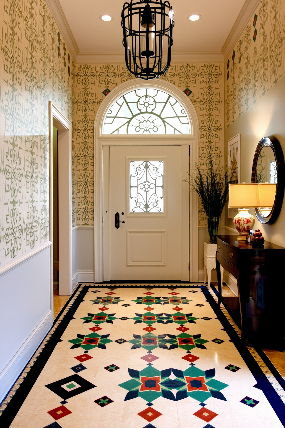 A minimalist entryway featuring neutral tones creates a serene and inviting atmosphere. The walls are painted in soft beige, complemented by a light wood floor that enhances the simplicity of the space. In the foyer, a sleek console table in a natural finish stands against the wall, adorned with a small decorative bowl and a potted plant. The tile design incorporates subtle geometric patterns in soft gray and white, adding texture without overwhelming the minimalist aesthetic.