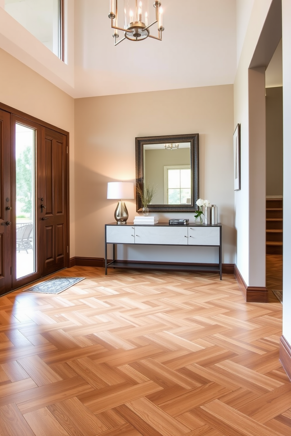 A welcoming foyer features warm wood look porcelain tiles that create an inviting atmosphere. The tiles are arranged in a herringbone pattern, enhancing the space's elegance and charm. To the side, a sleek console table complements the flooring, adorned with a stylish lamp and decorative accents. A large mirror above the table reflects natural light, making the foyer feel more spacious and bright.