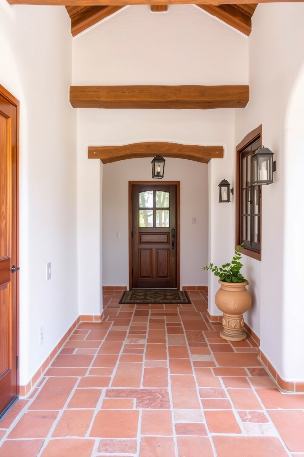 A welcoming foyer with reclaimed wood tiles creates an eco-friendly atmosphere. The natural textures and warm tones of the wood tiles complement a minimalist console table adorned with a simple vase of greenery. The walls are painted in a soft white, enhancing the brightness of the space. A stylish pendant light hangs from the ceiling, casting a warm glow over the area and inviting guests into the home.