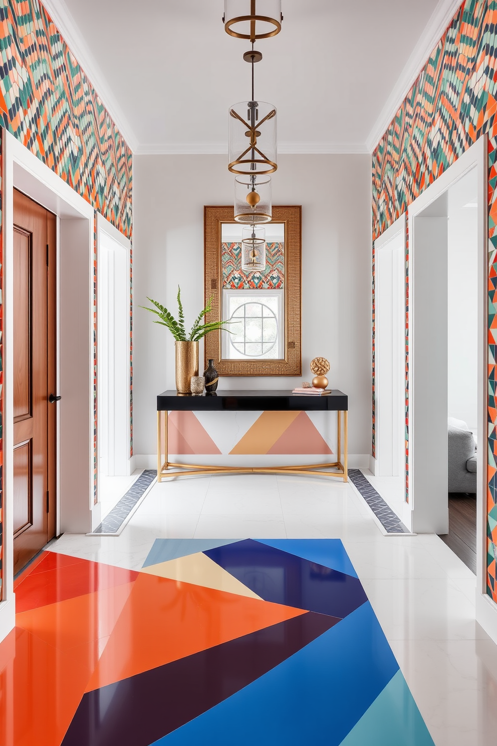 A vibrant entryway featuring bold mosaic tile designs that create a striking first impression. The foyer is adorned with colorful geometric patterns, complemented by a sleek console table and a statement mirror above it.