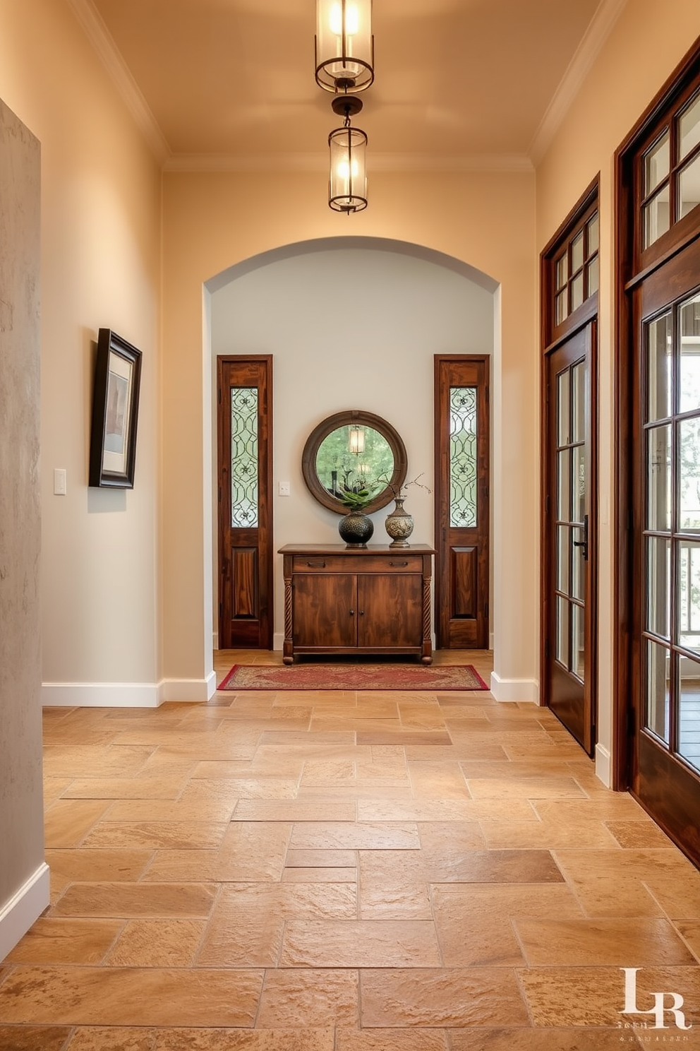 A welcoming foyer featuring textured stone tiles that exude rustic charm. The natural variations in the tile create an inviting atmosphere, complemented by warm wooden accents and soft lighting.