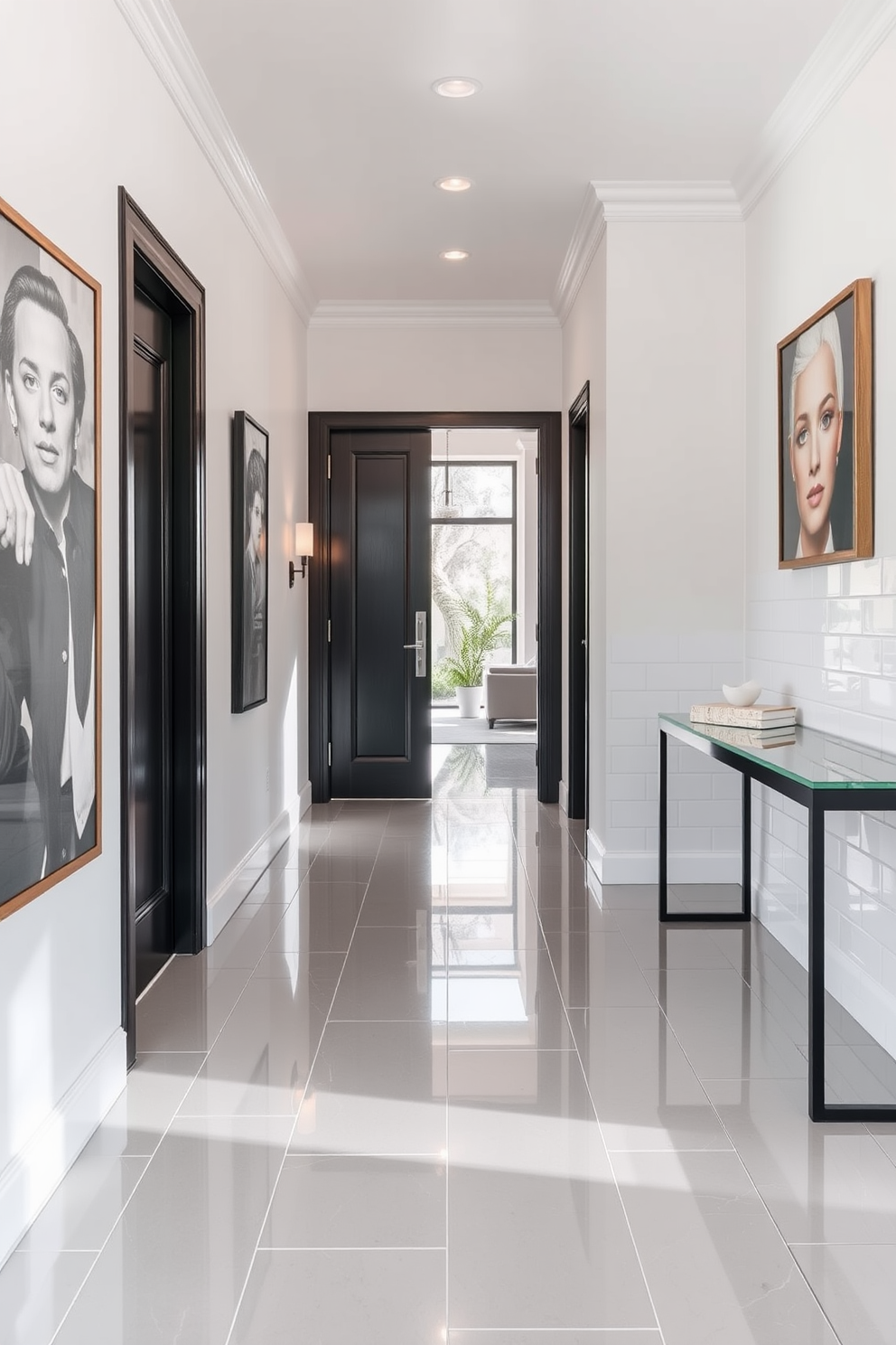 A stunning foyer featuring glossy subway tiles that create a sleek and modern finish. The walls are adorned with elegant art pieces, and a minimalist console table stands against one side, adding functionality and style.