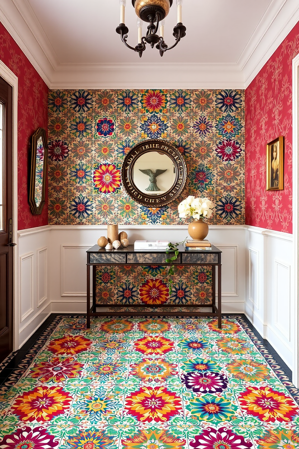 A vibrant foyer adorned with colorful encaustic tiles, showcasing intricate patterns that draw the eye. The tiles create a stunning visual impact, setting the tone for the rest of the home with their artistic flair. Surrounding the tiled area, elegant wainscoting in a soft white hue complements the vibrant colors below. A stylish console table rests against the wall, adorned with decorative items that enhance the welcoming atmosphere.