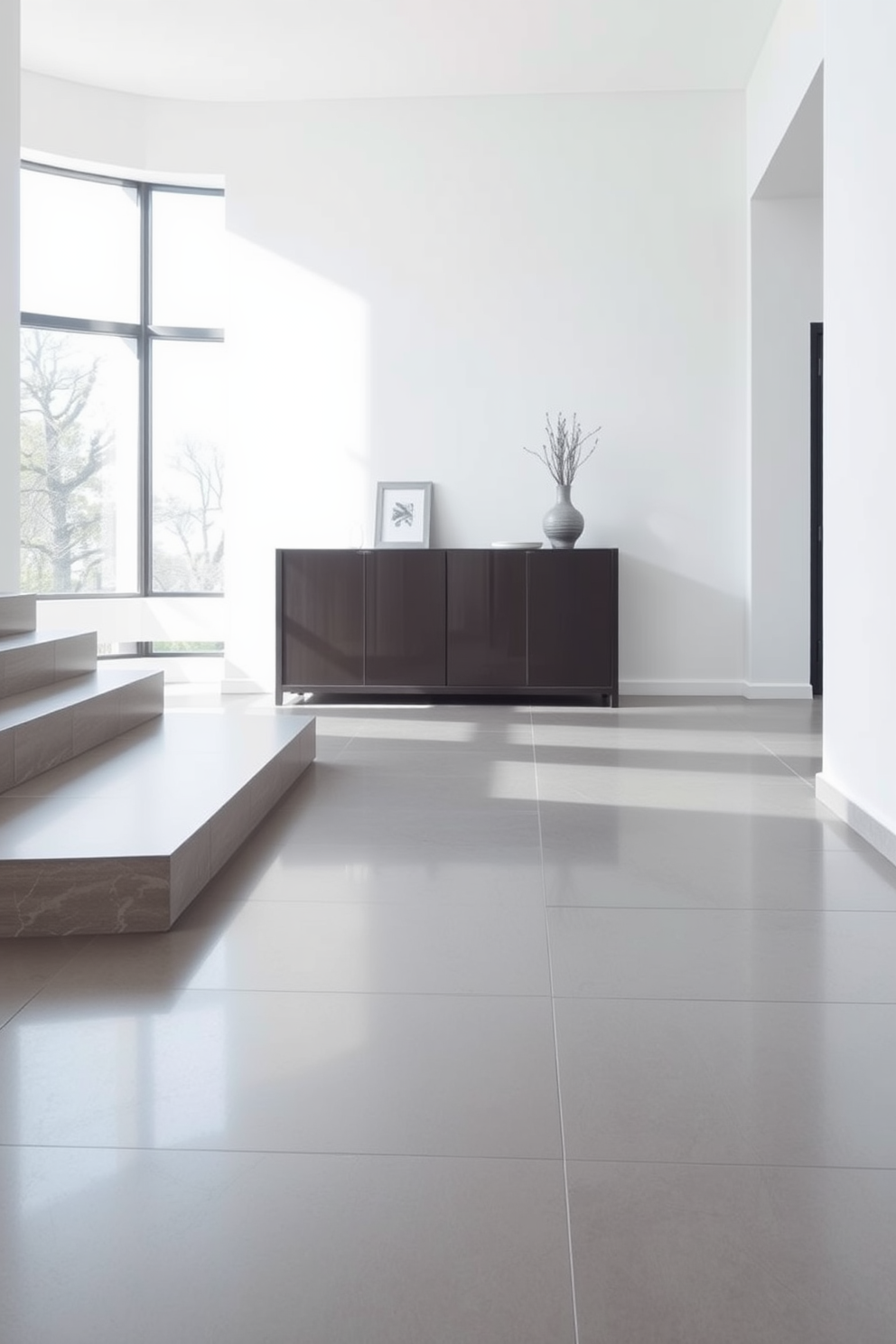 A grand foyer featuring large format tiles that create a spacious and inviting atmosphere. The tiles are laid in a diagonal pattern, enhancing the sense of openness and light. Natural light floods the space through a large window, illuminating the sleek, polished surface of the tiles. A minimalist console table sits against the wall, adorned with a few carefully selected decorative items.