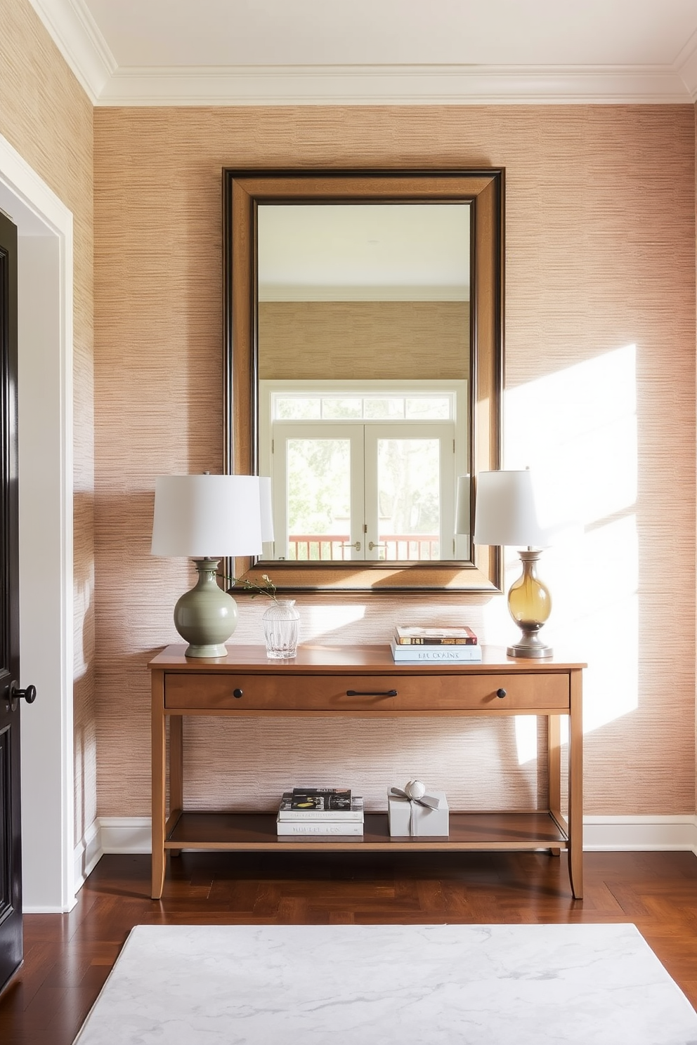 Textured wallpaper in soft neutral tones creates a warm and inviting atmosphere in the foyer. The design features a subtle geometric pattern that adds depth and character to the space while complementing the elegant lighting fixtures above. A statement console table made of reclaimed wood sits against the wall, adorned with decorative objects and a large mirror that reflects natural light. Potted greenery in the corners enhances the cozy feel, making the foyer a welcoming introduction to the home.