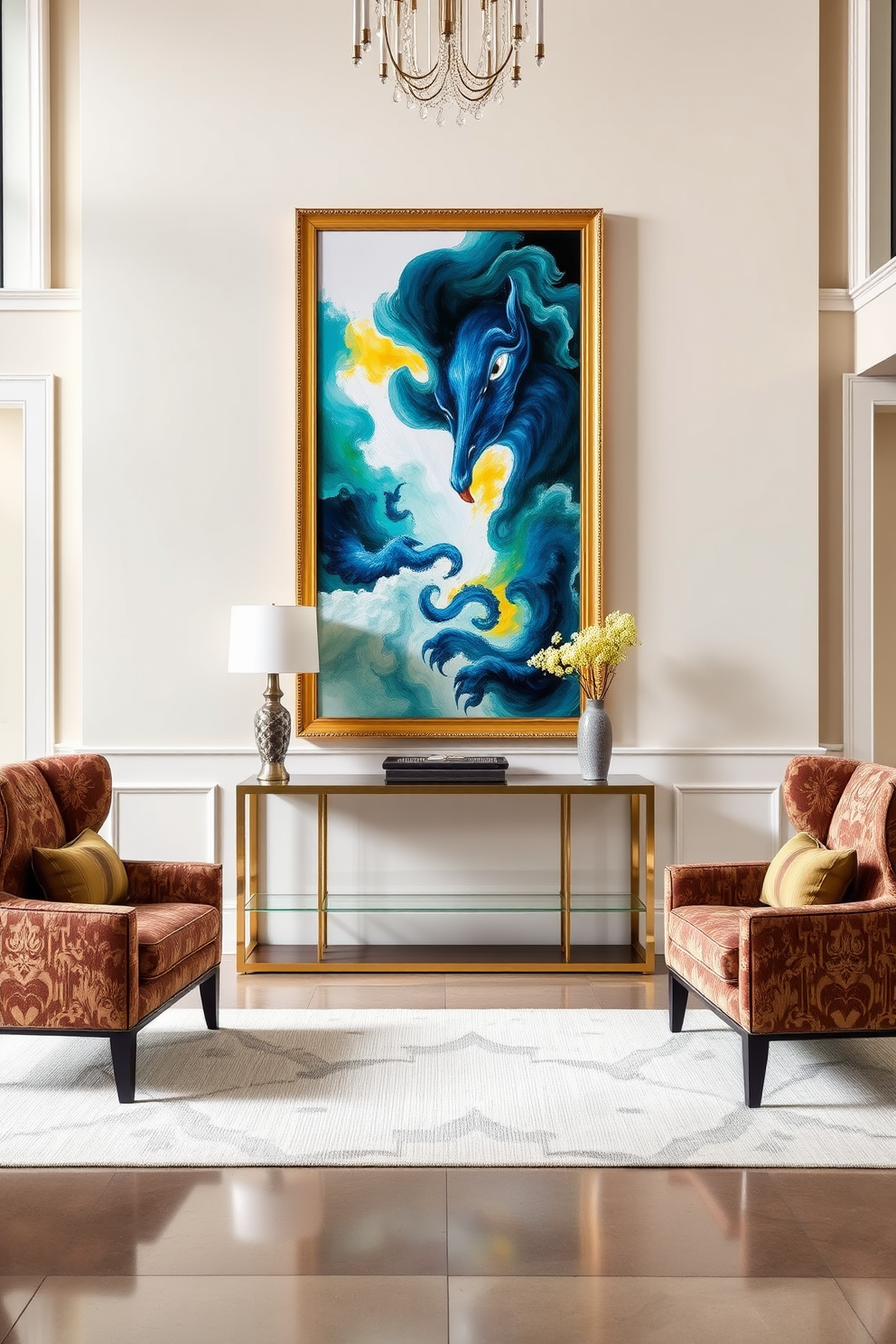 A grand foyer featuring a stunning large-scale artwork as the focal point. The artwork is framed in an elegant gold frame and hangs prominently above a sleek console table. The walls are painted in a soft neutral tone to enhance the artwork's vibrancy. Flanking the console table are two stylish accent chairs upholstered in rich fabric, creating an inviting atmosphere.