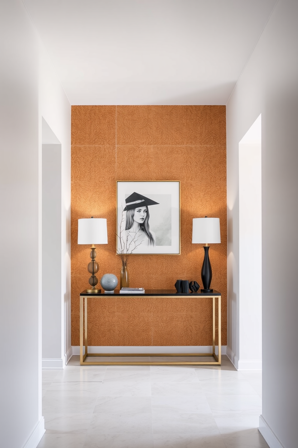 A striking foyer features a cork wall that adds warmth and unique texture to the space. The wall is complemented by minimalist artwork and a sleek console table adorned with decorative objects.