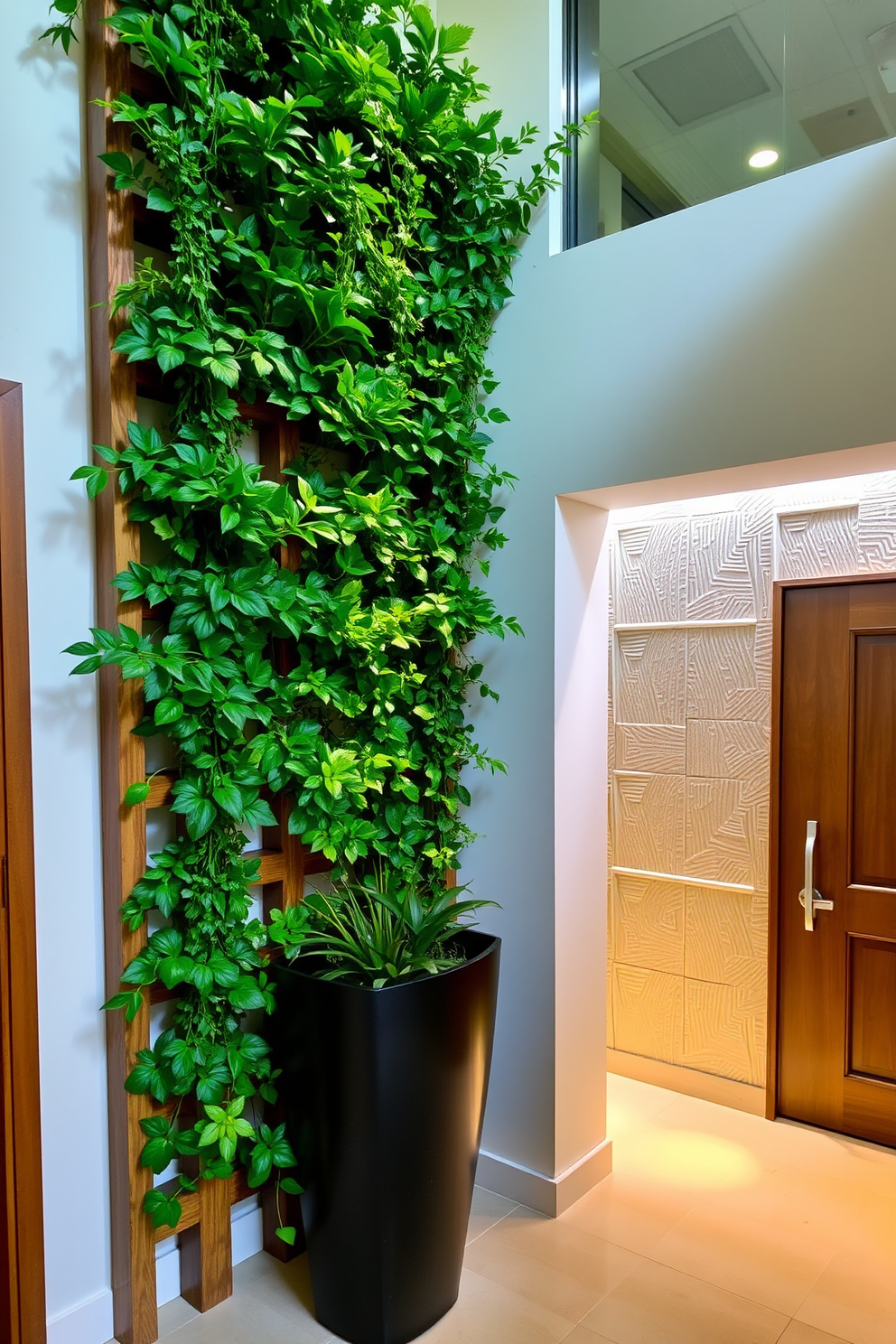 A vertical garden filled with lush greenery creates a refreshing and vibrant atmosphere. The plants are arranged in a geometric pattern on a wooden trellis, providing a stunning focal point in the foyer. The foyer features a stylish wall design with textured panels that add depth and interest. Soft ambient lighting highlights the unique patterns, creating an inviting entrance to the home.