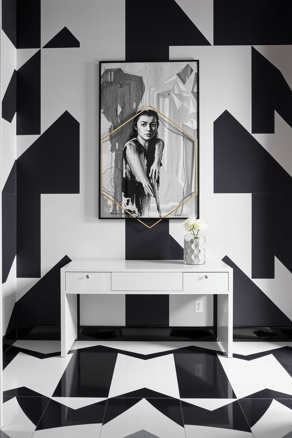 A striking foyer featuring geometric patterns that create a modern appeal. The walls are adorned with bold, angular shapes in a monochromatic color scheme, complemented by a sleek console table. Above the console, an oversized abstract artwork enhances the contemporary vibe. A stylish mirror with geometric framing reflects the unique wall design, adding depth to the space.