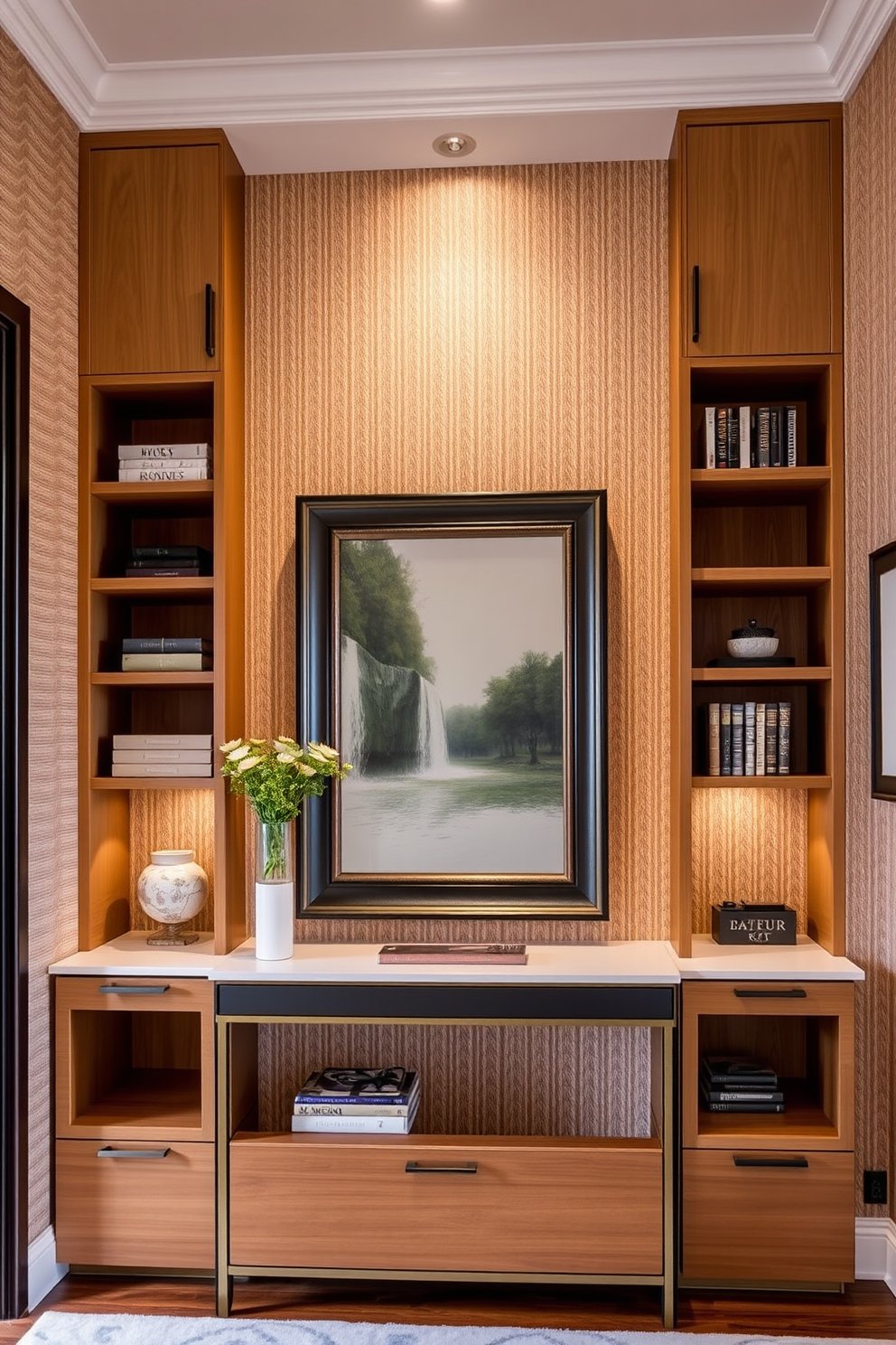 A striking foyer features a large metal art piece that serves as the focal point of the space. The walls are painted in a crisp white, providing a sharp contrast to the intricate metal design that adds a modern edge. Incorporate sleek, minimalist furniture to complement the art and enhance the contemporary feel. A stylish console table sits beneath the artwork, adorned with a few carefully selected decorative items for added sophistication.