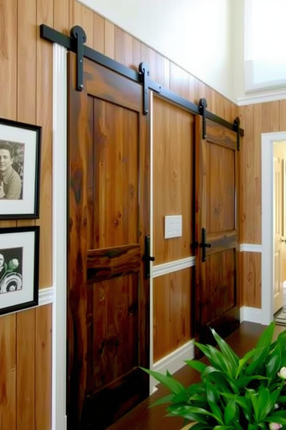 Create a warm and inviting foyer featuring rustic barn doors that add character and charm to the space. The walls are adorned with natural wood paneling, complemented by a soft, neutral color palette that enhances the cozy atmosphere.