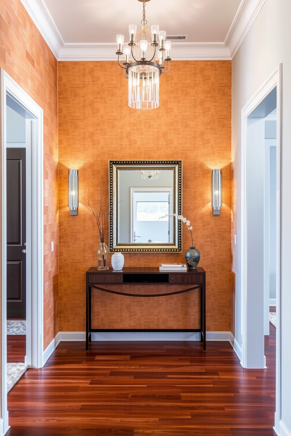 A stylish corkboard mounted on a wooden frame serves as a functional yet decorative element in the foyer. The board is filled with colorful notes, photos, and reminders, creating a vibrant and personalized touch to the entryway. The foyer features a stunning wall design with textured wallpaper in a soft gray tone. Accentuated by a sleek console table below, the wall is adorned with framed artwork and a small potted plant, enhancing the welcoming atmosphere.