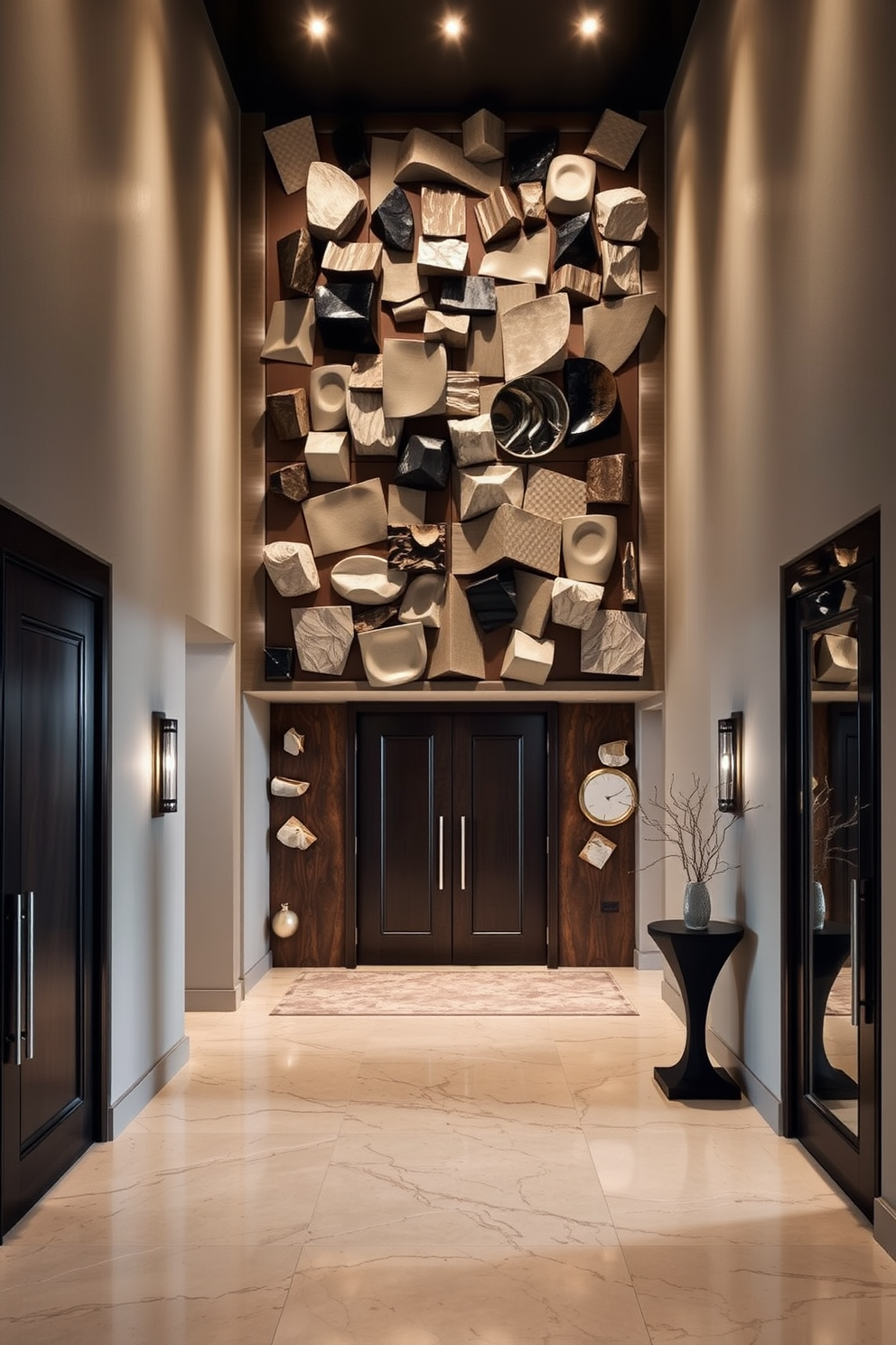 A warm and inviting foyer features rustic barn doors as wall decor, creating a charming focal point. The barn doors are adorned with wrought iron hardware, complementing the natural wood finish and enhancing the overall rustic aesthetic. The walls are painted in a soft cream color, providing a light backdrop that highlights the texture of the barn doors. A vintage console table sits beneath the doors, decorated with a few carefully chosen accessories like a lantern and a small potted plant.