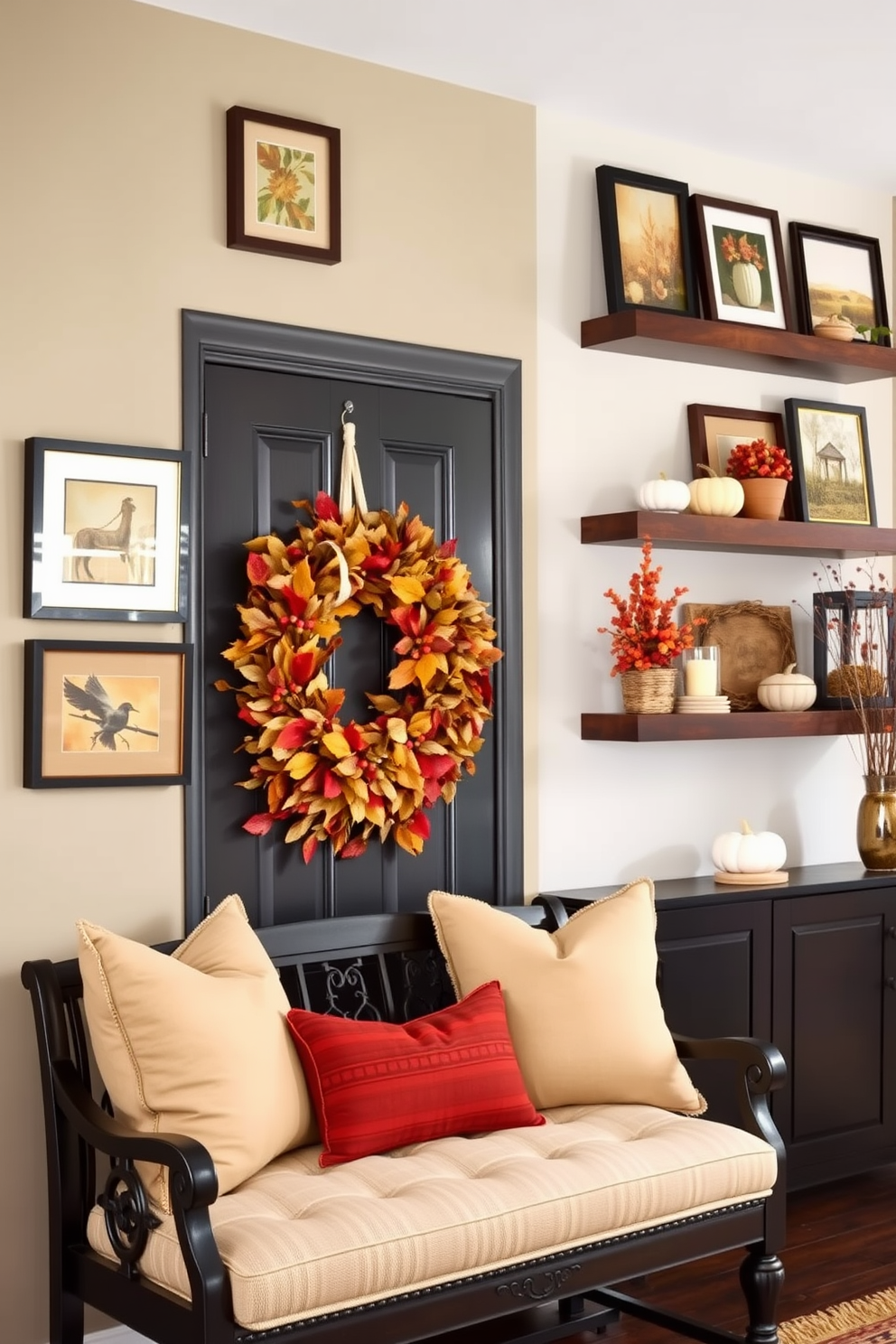 Create a seasonal foyer that welcomes guests with vibrant autumn colors. Incorporate a large decorative wreath made of dried leaves and berries on the door, and place a rustic bench adorned with plush cushions nearby. Design a wall that features a gallery of framed seasonal artwork. Use a mix of textures and colors to create visual interest, with floating shelves displaying seasonal decor items like candles and small pumpkins.