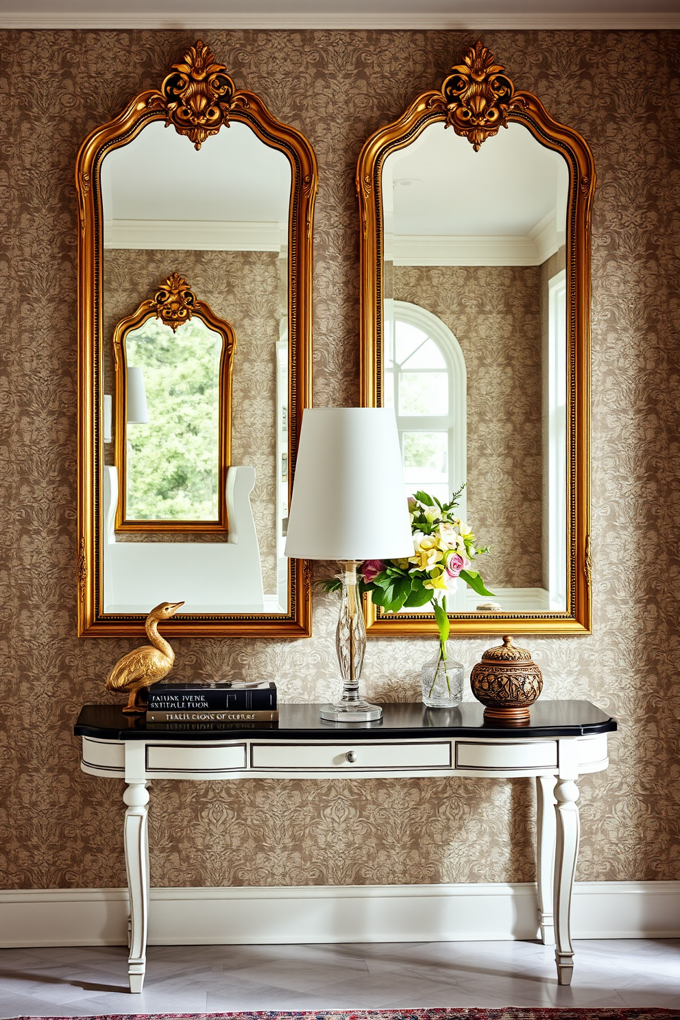 A stunning foyer featuring vintage mirrors that reflect natural light and create an inviting atmosphere. The walls are adorned with elegant wallpaper, complemented by a classic console table beneath the mirrors. A harmonious blend of modern and traditional elements enhances the foyer's charm. Decorative accents like a stylish lamp and fresh flowers add warmth and character to the space.