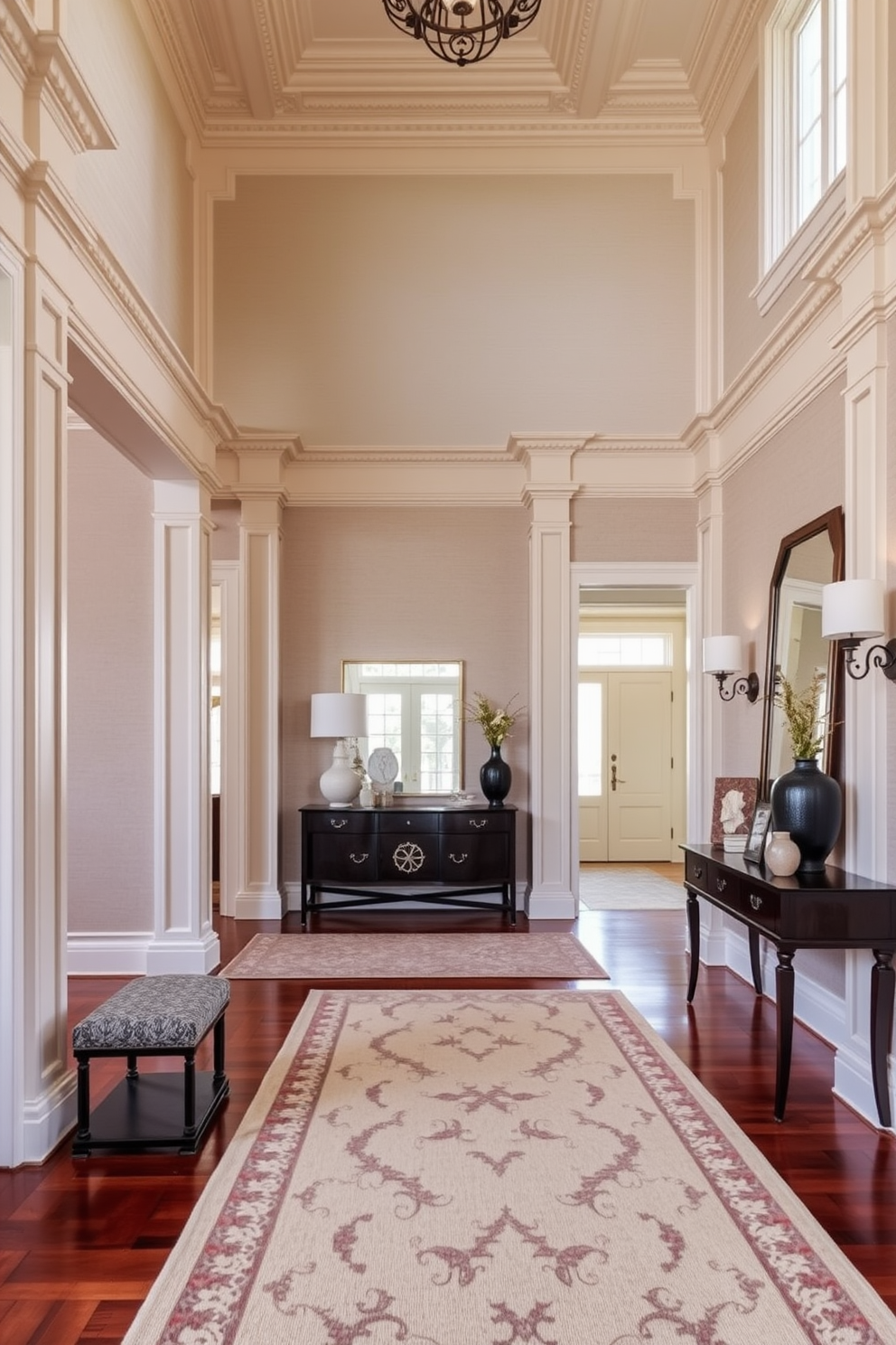 A grand foyer with intricate architectural molding that adds elegance and sophistication to the space. The walls are adorned with a subtle, textured wallpaper that complements the molding and creates a warm and inviting atmosphere. A statement console table is positioned against one wall, topped with decorative accessories and a large mirror that reflects natural light. The flooring features rich hardwood with a contrasting area rug that enhances the overall design and provides a welcoming touch.