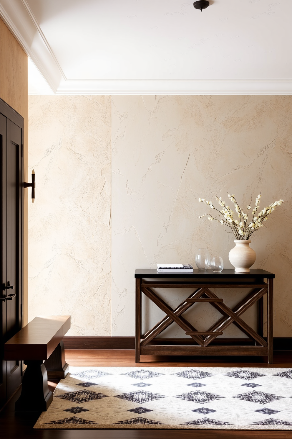 A stunning foyer featuring artisan plaster walls that create a handcrafted feel. The design incorporates intricate textures and soft, neutral tones to invite warmth and elegance into the space. The foyer showcases a unique wall design with geometric patterns that add depth and interest. A statement console table is placed against the wall, adorned with decorative elements that enhance the overall aesthetic.