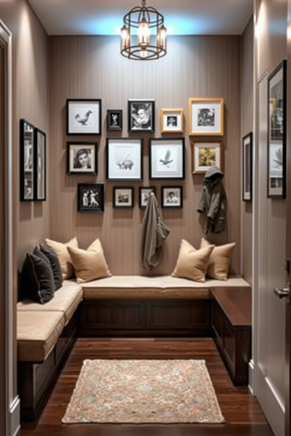 A stylish foyer featuring integrated seating that combines comfort and functionality. The seating area includes a built-in bench with plush cushions, surrounded by decorative pillows and a wall-mounted coat rack. The wall behind the seating is adorned with a gallery of framed art pieces, creating an inviting atmosphere. Soft ambient lighting highlights the textures and colors of the wall, enhancing the overall aesthetic of the foyer.