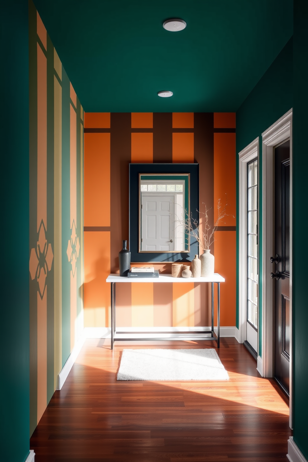 A striking foyer with bold paint color that creates a dramatic entrance. The walls are adorned with geometric patterns in contrasting shades, enhancing the visual impact of the space. A sleek console table is positioned against the wall, topped with decorative items and a large mirror that reflects light. The flooring features rich hardwood that complements the vibrant wall color, adding warmth to the overall design.