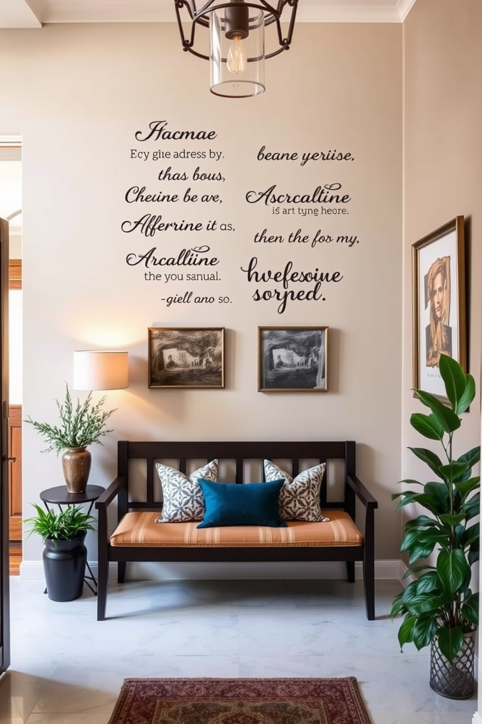 A welcoming foyer featuring a statement wall adorned with personalized wall quotes that inspire positivity and creativity. The design includes a mix of elegant typography and artistic elements, complemented by soft ambient lighting to enhance the overall atmosphere. Incorporate a stylish bench beneath the quotes, with decorative cushions that match the color palette of the foyer. Surround the area with tasteful artwork and greenery to create a warm and inviting entryway.